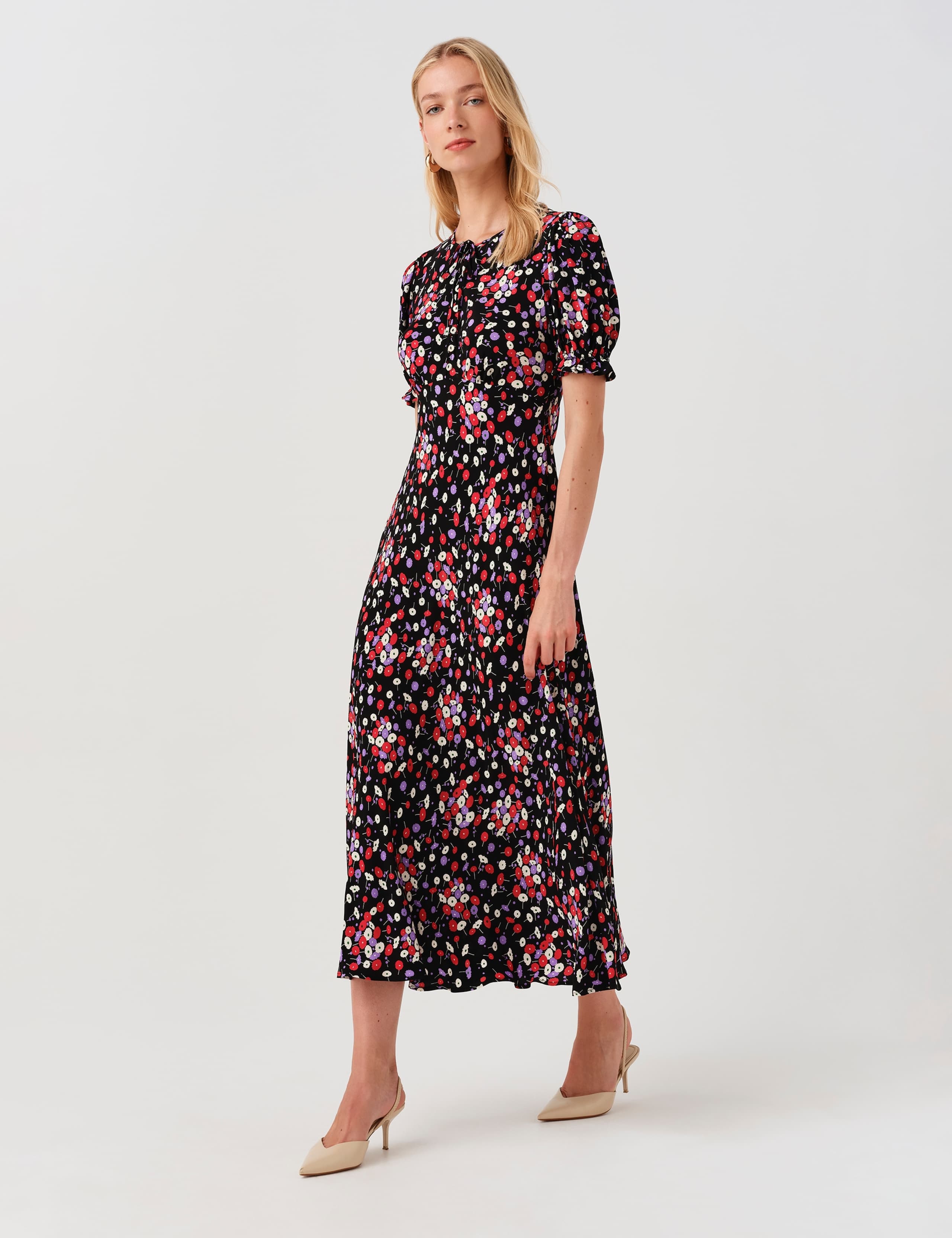 Crepe Floral Tie Neck Midi Tea Dress 3 of 9
