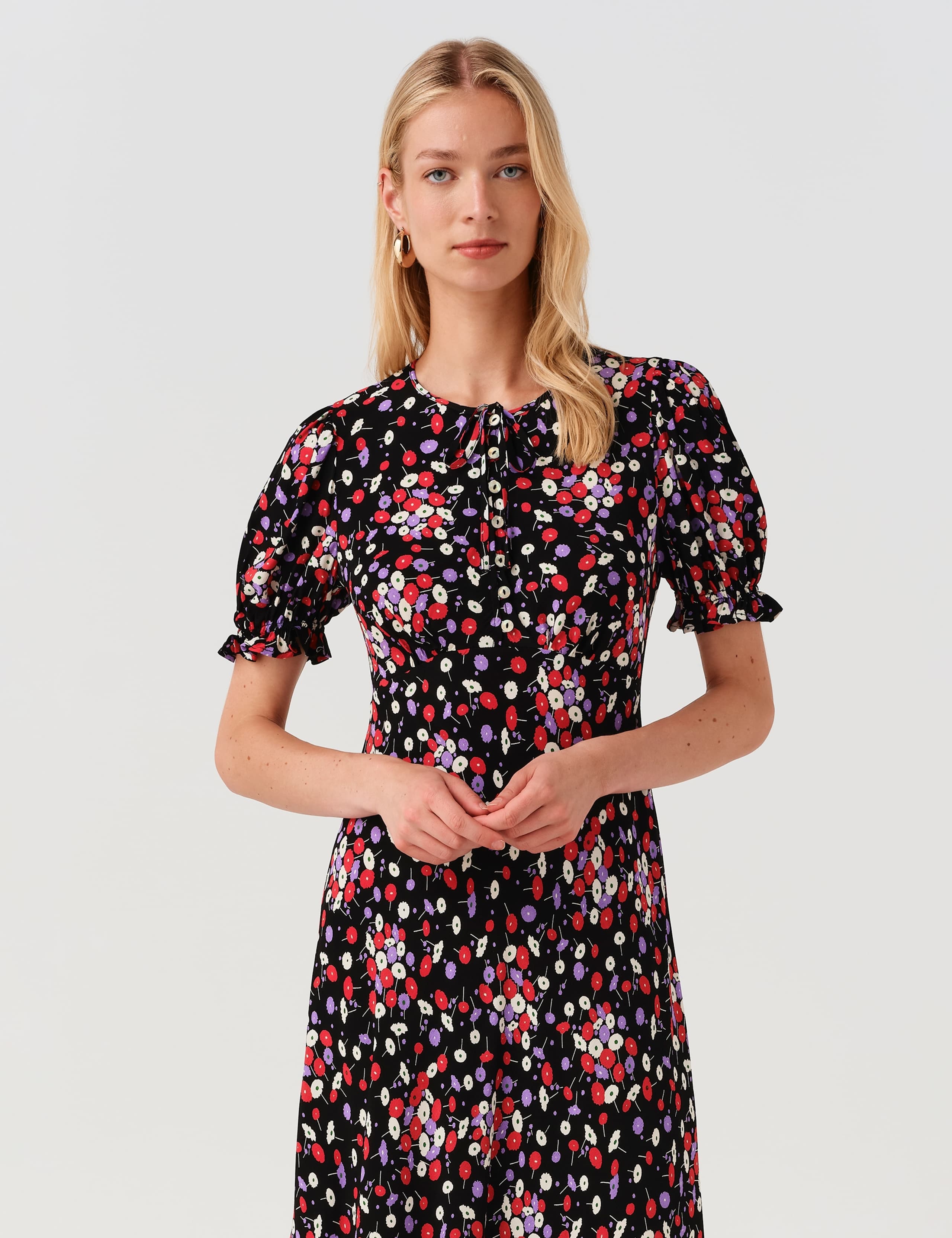 Crepe Floral Tie Neck Midi Tea Dress 4 of 9