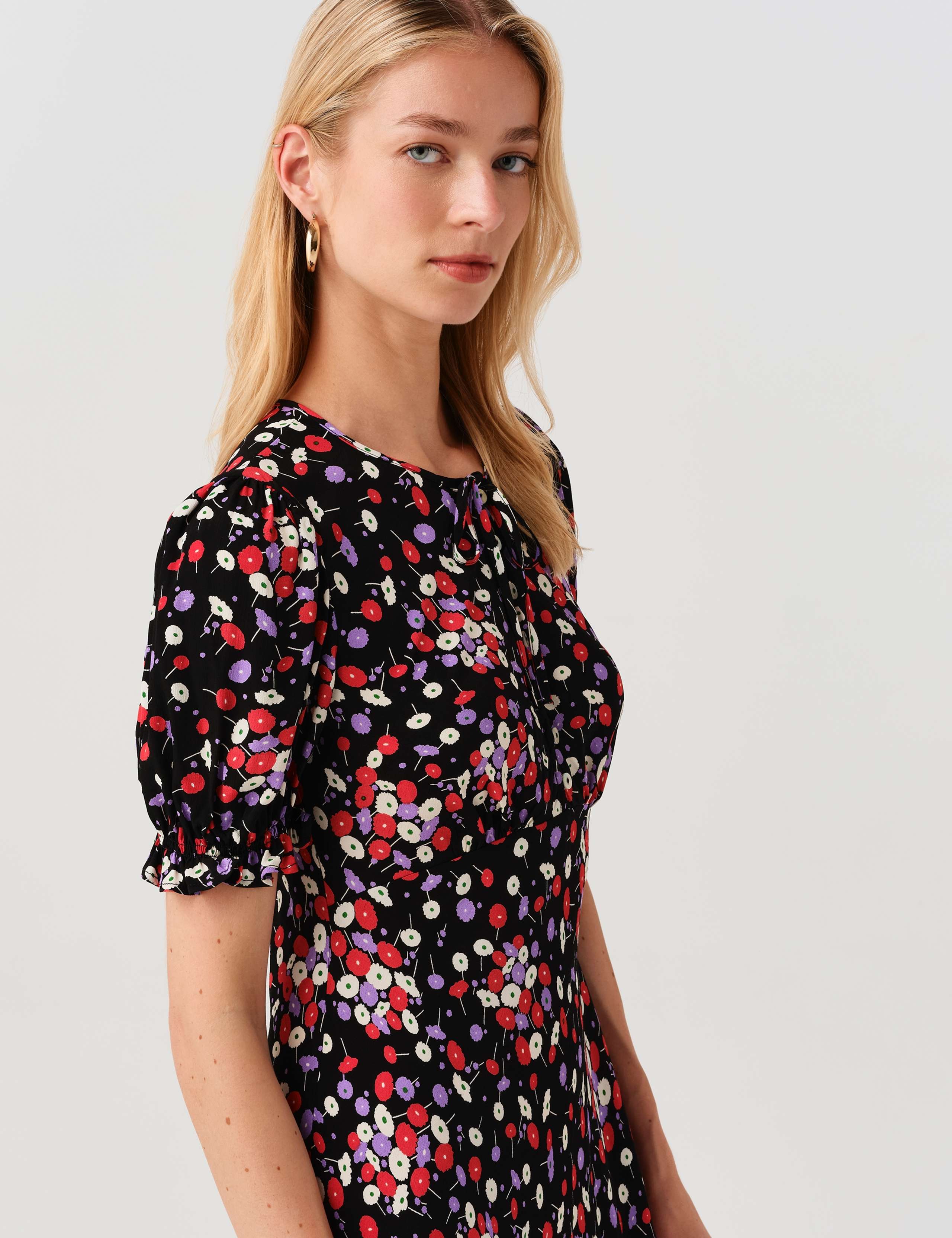 Crepe Floral Tie Neck Midi Tea Dress 5 of 9