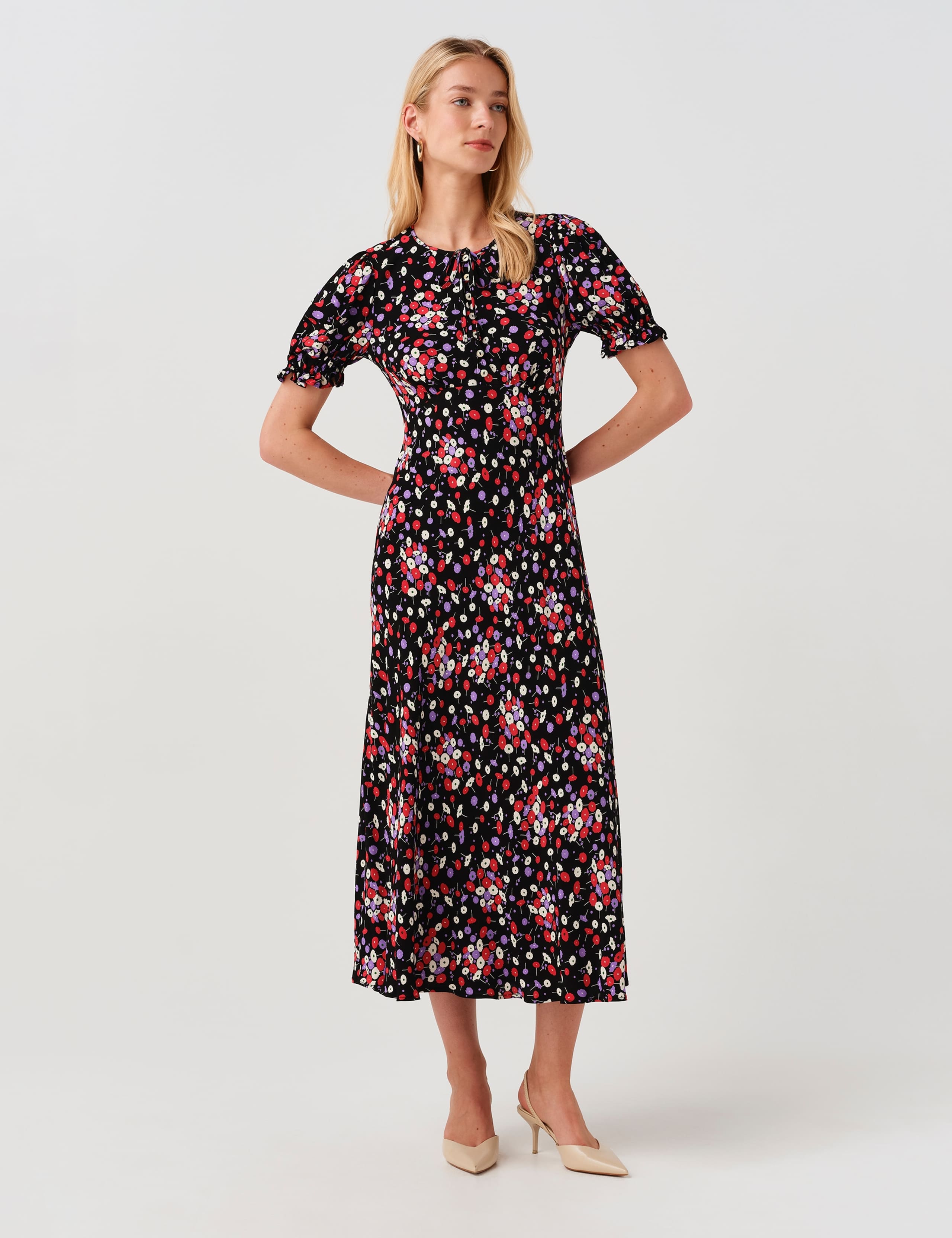 Crepe Floral Tie Neck Midi Tea Dress 6 of 9