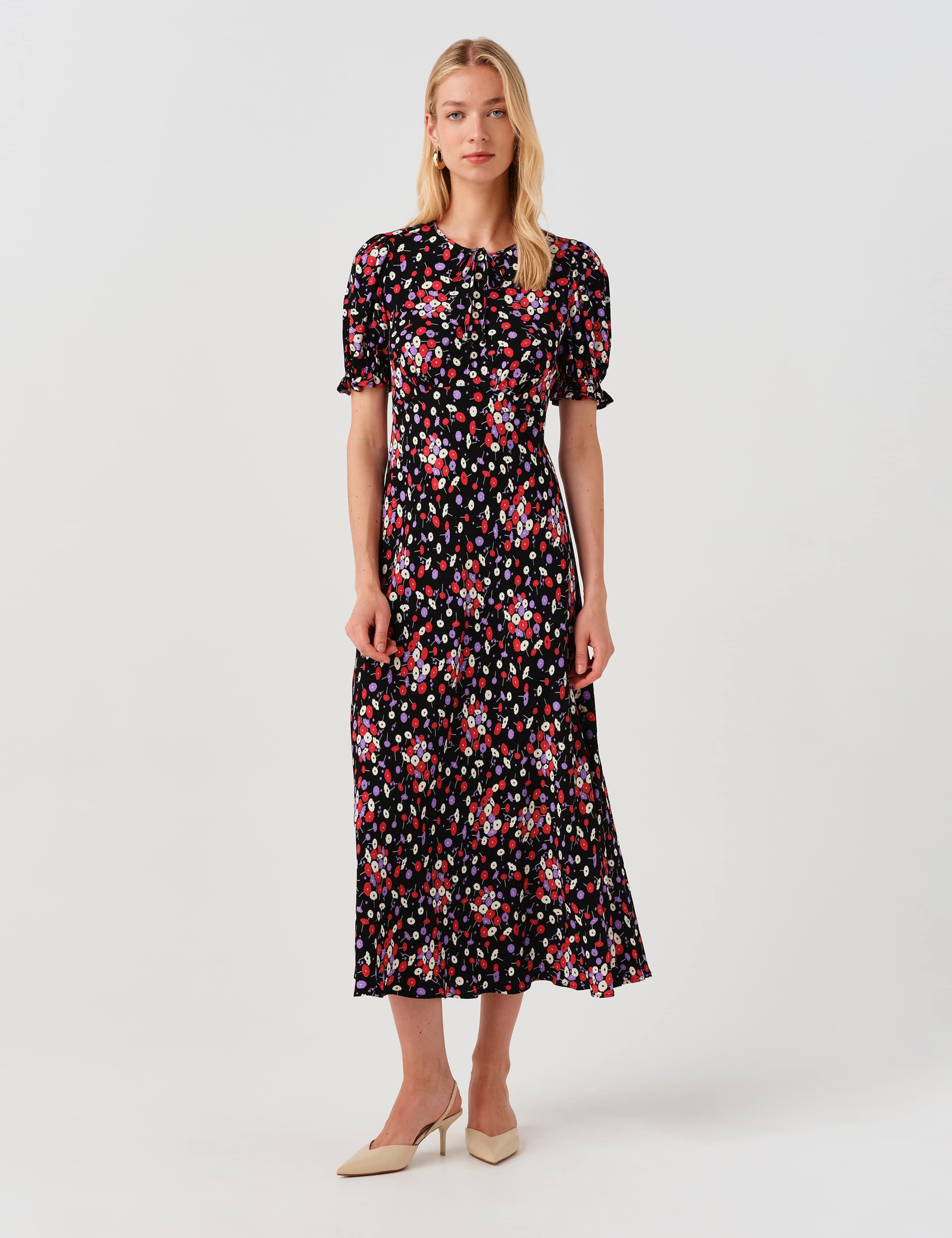 Crepe Floral Tie Neck Midi Tea Dress 7 of 9