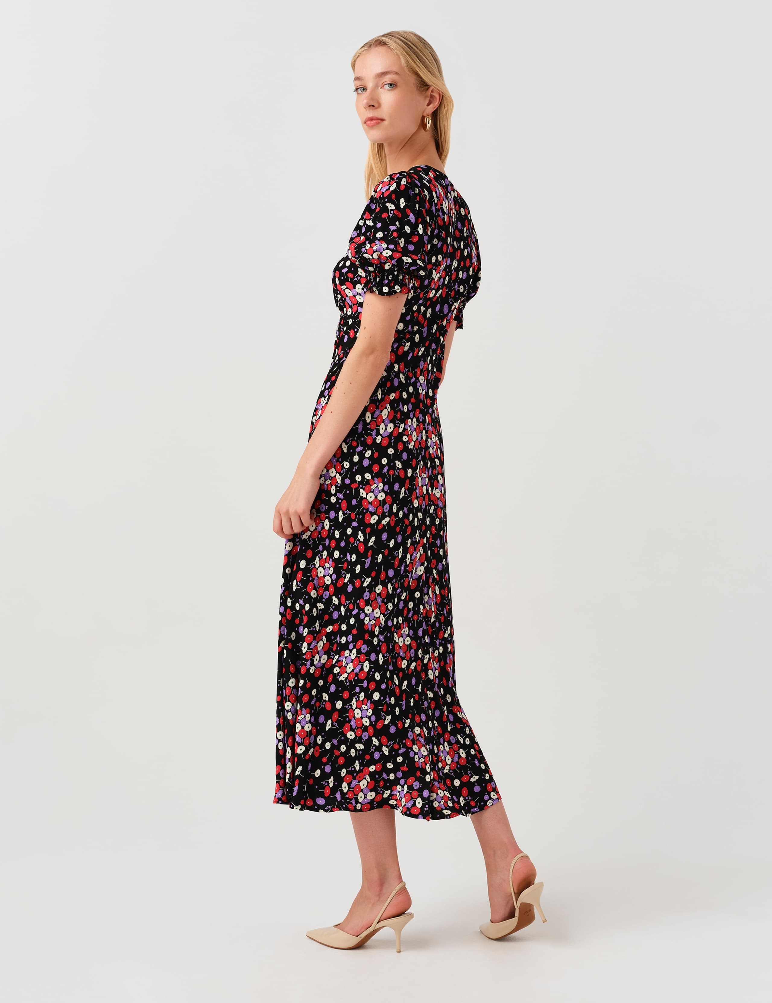 Crepe Floral Tie Neck Midi Tea Dress 8 of 9
