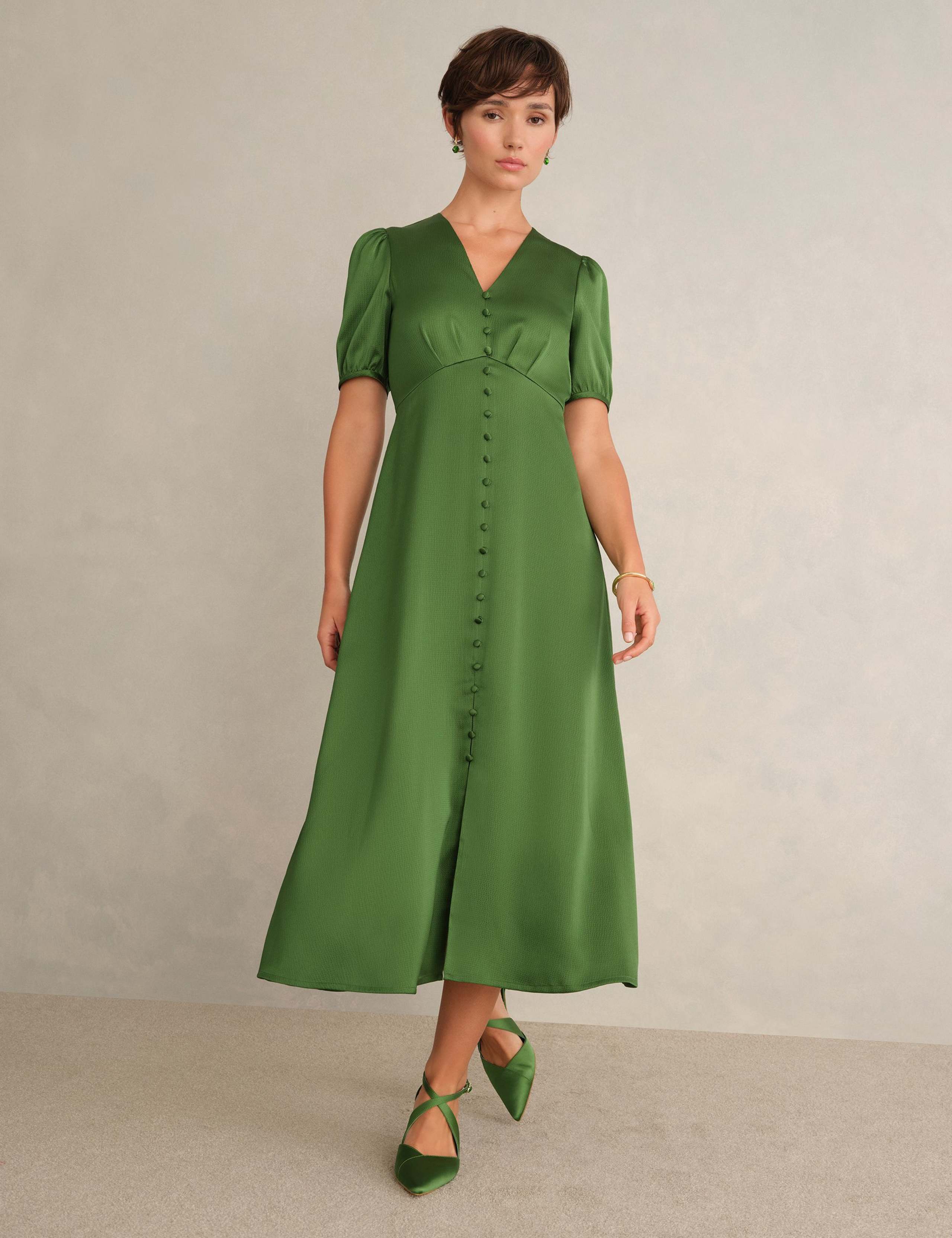 Satin V-Neck Midi Skater Dress 1 of 6