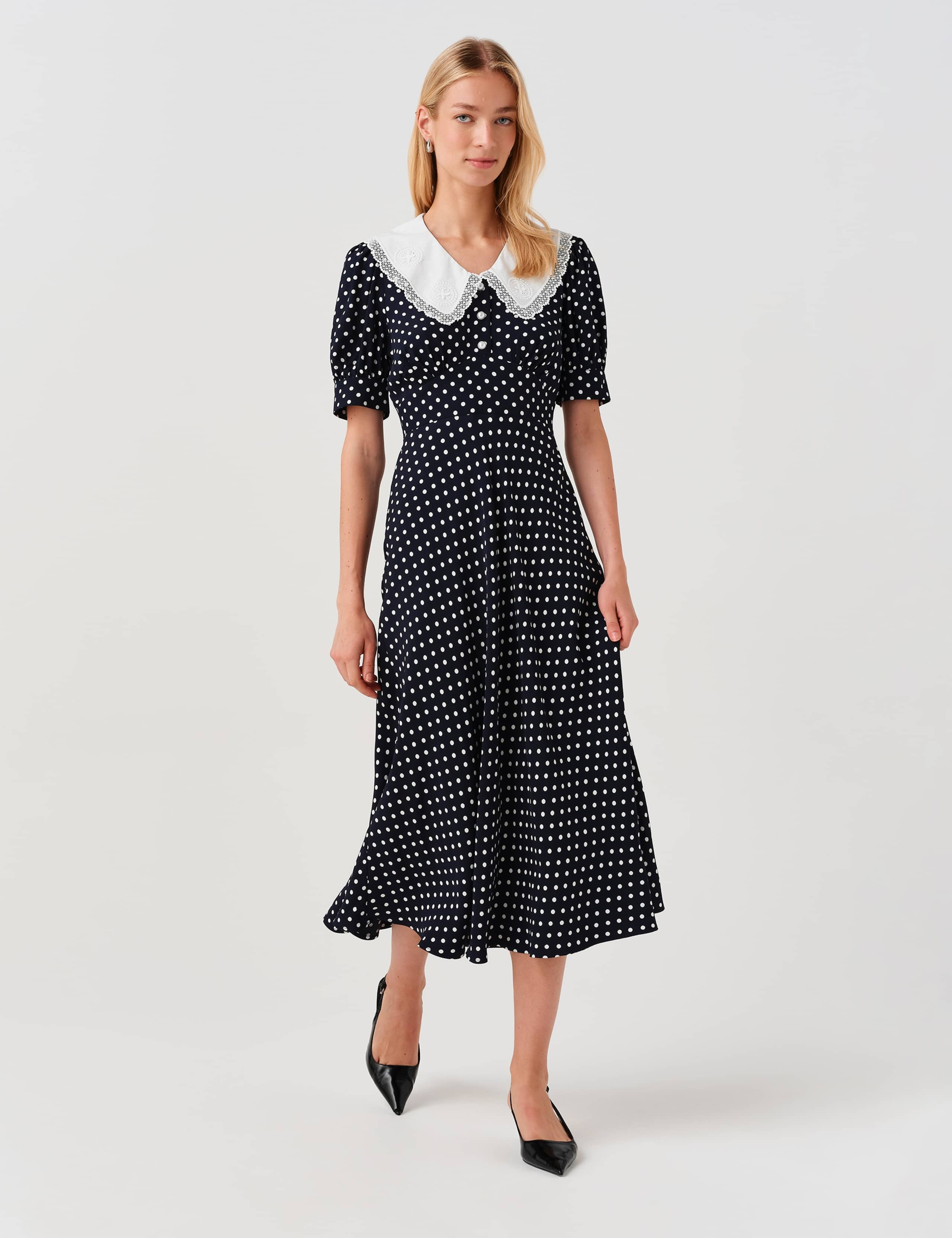 Crepe Polka Dot Midi Waisted Dress 1 of 12