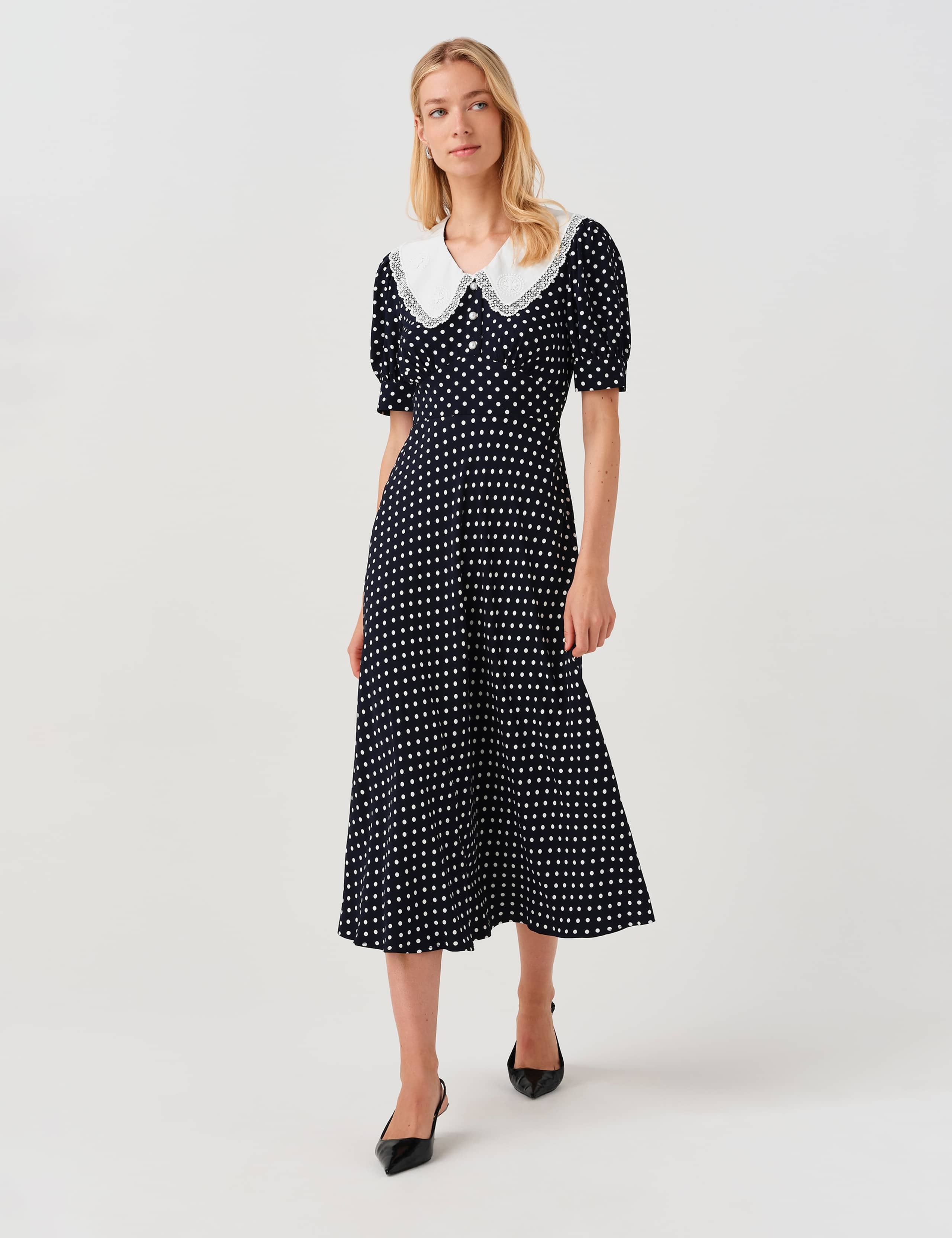 Crepe Polka Dot Midi Waisted Dress 2 of 12