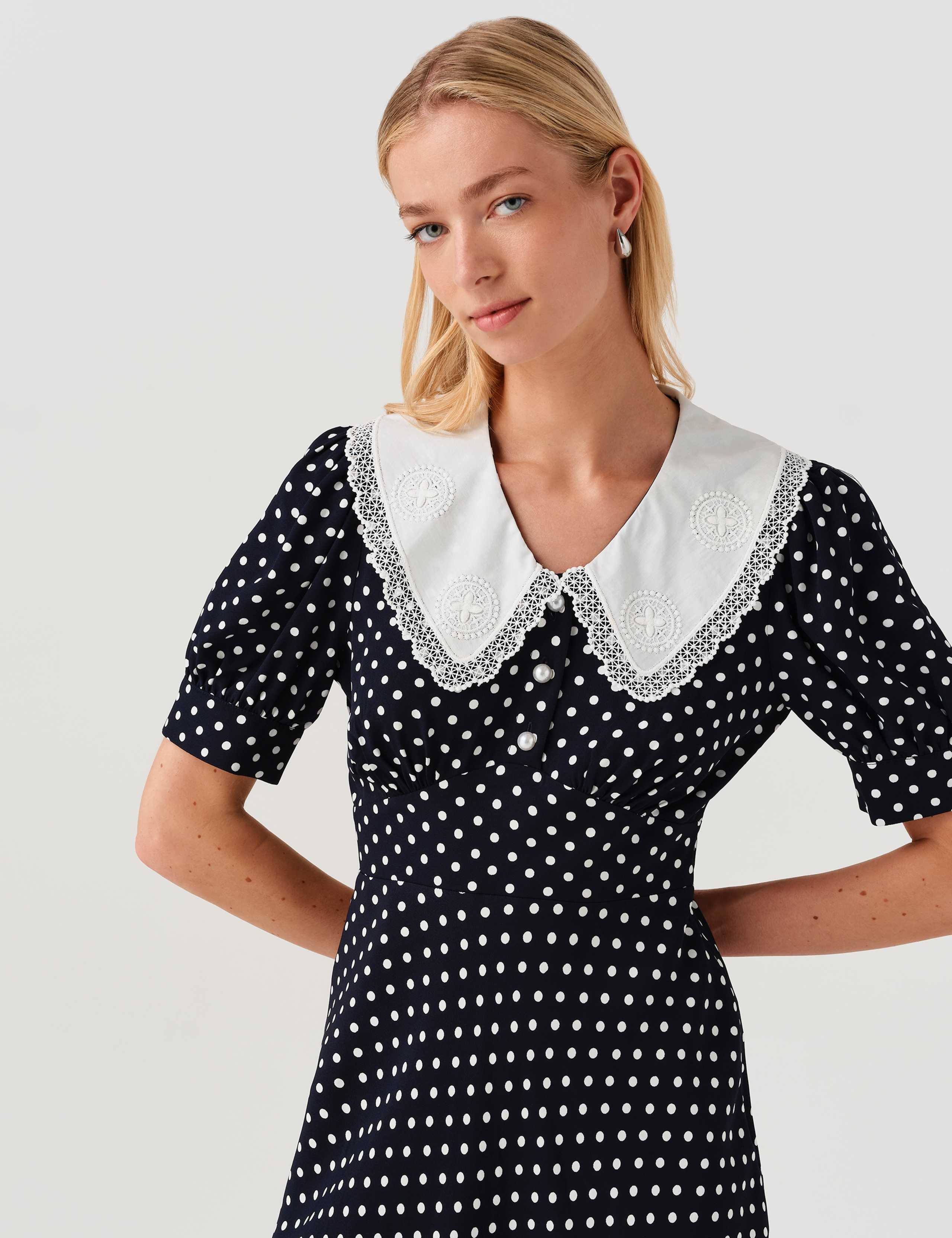 Crepe Polka Dot Midi Waisted Dress 11 of 12