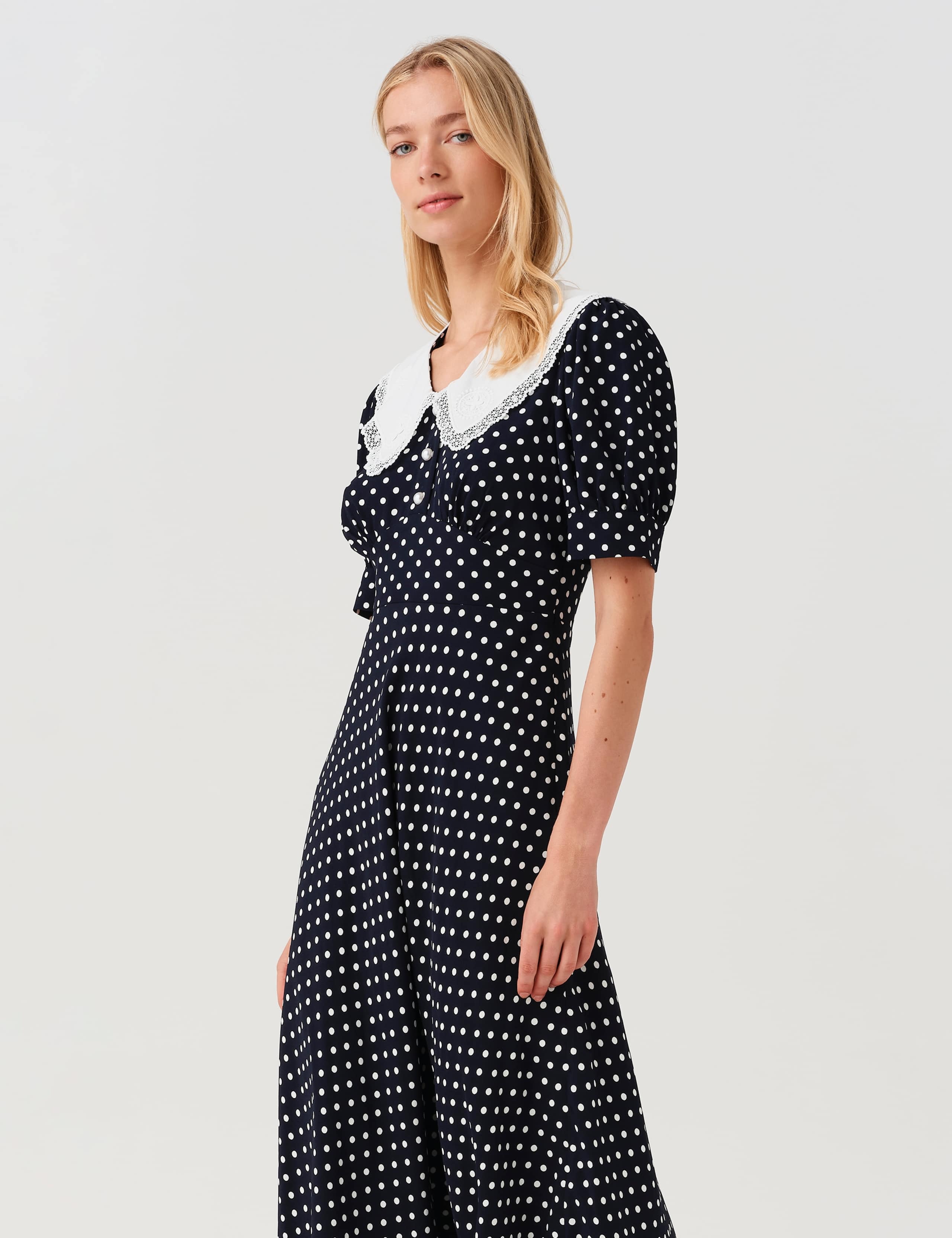 Crepe Polka Dot Midi Waisted Dress 12 of 12