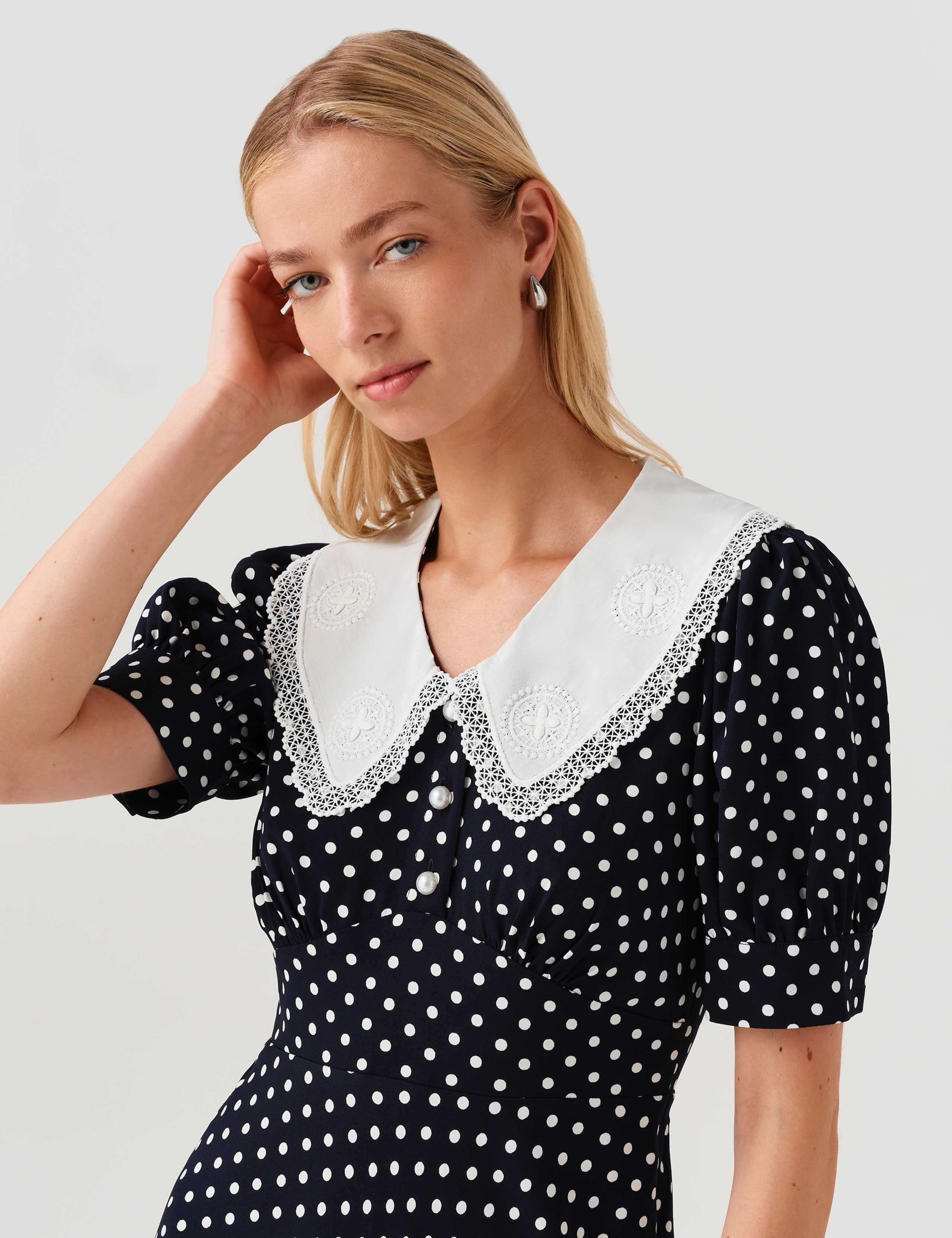 Crepe Polka Dot Midi Waisted Dress 3 of 12