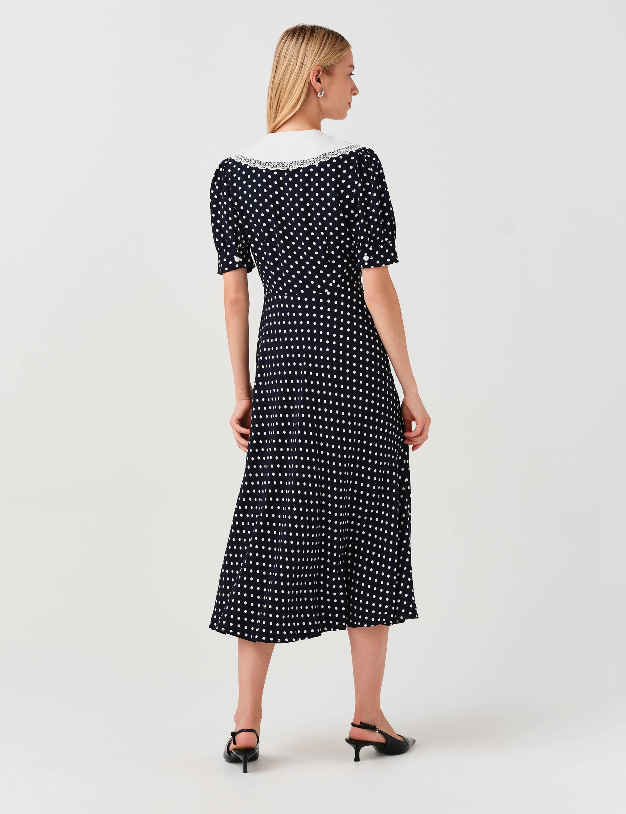 Crepe Polka Dot Midi Waisted Dress 4 of 12