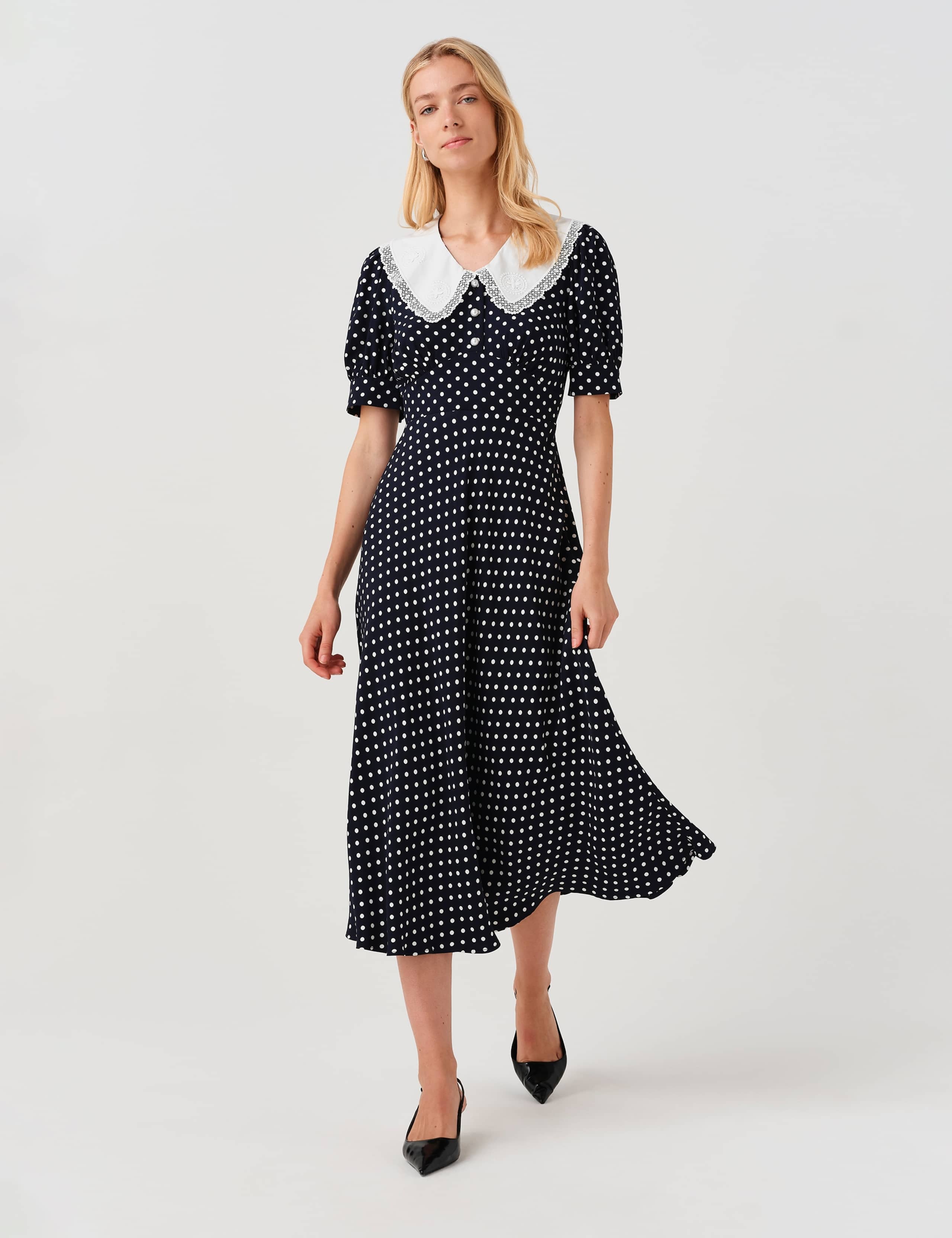 Crepe Polka Dot Midi Waisted Dress 5 of 12