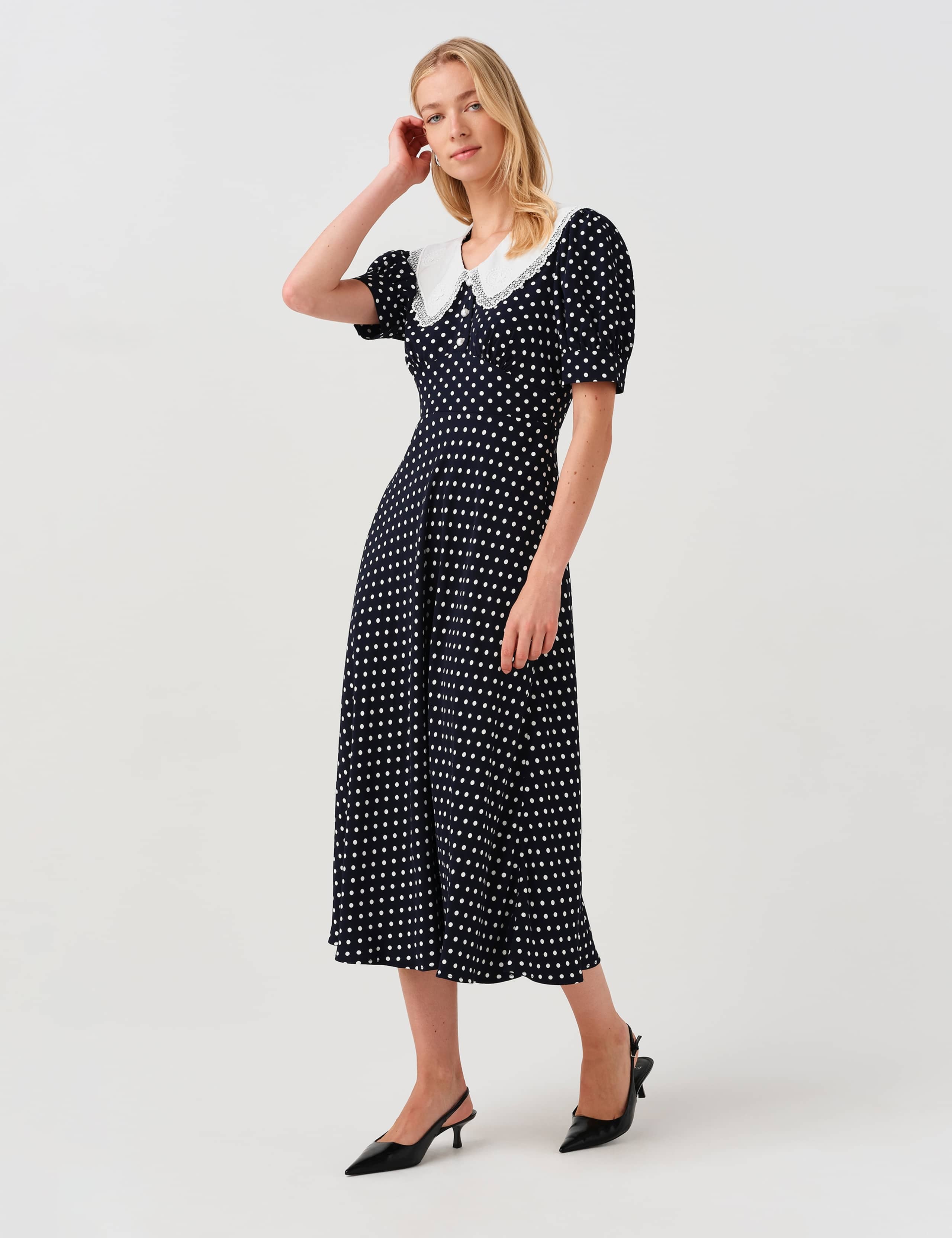 Crepe Polka Dot Midi Waisted Dress 6 of 12