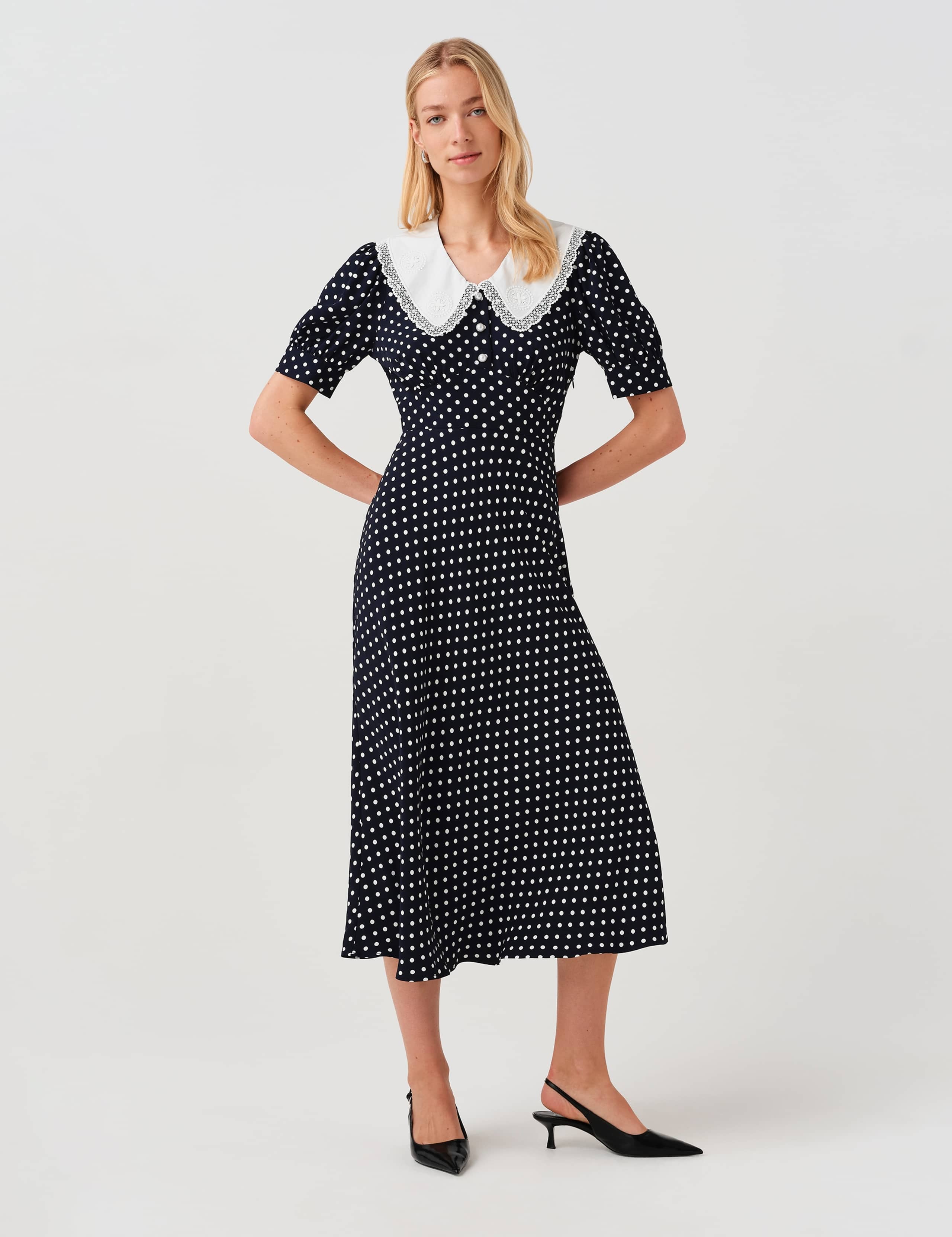 Crepe Polka Dot Midi Waisted Dress 7 of 12