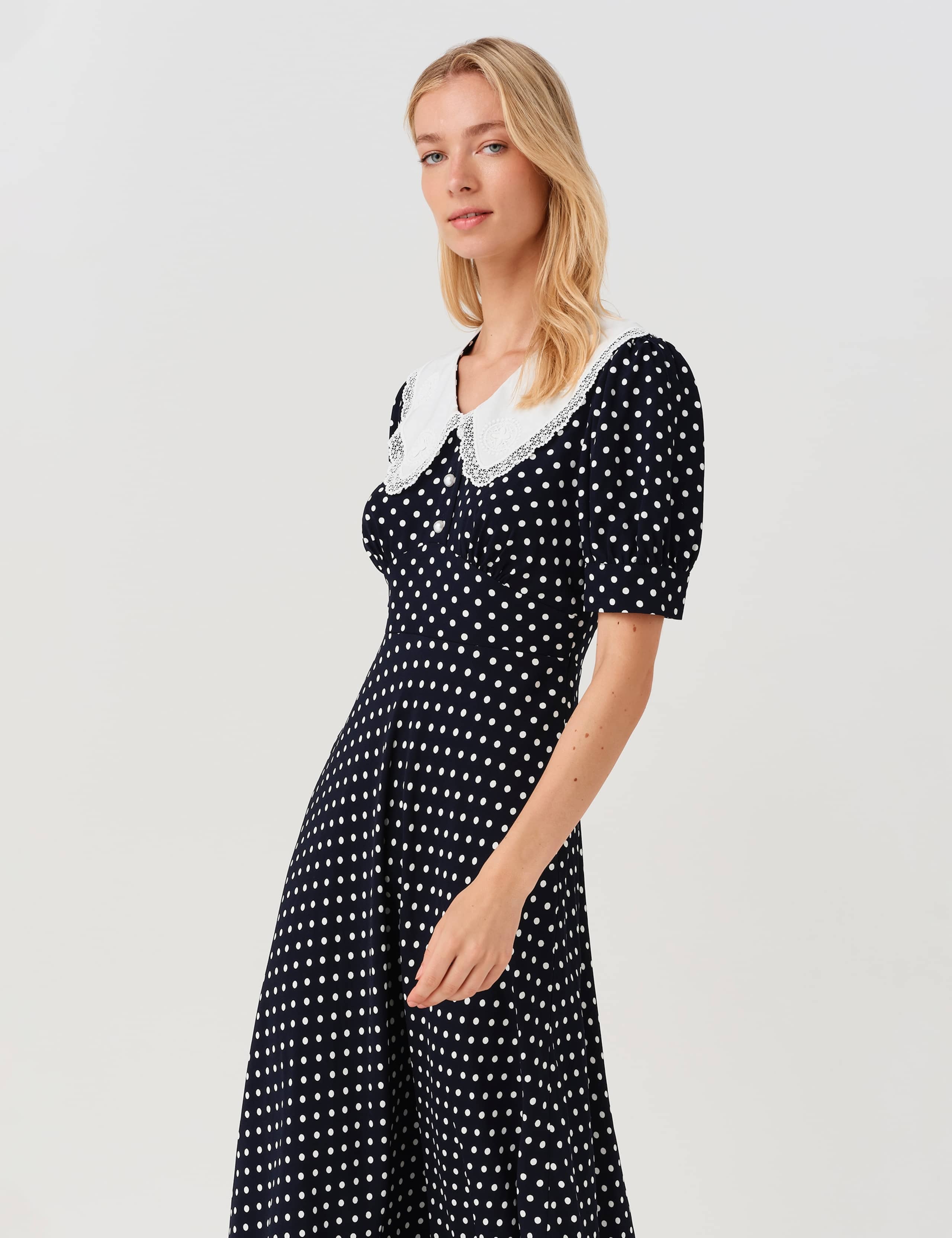 Crepe Polka Dot Midi Waisted Dress 8 of 12