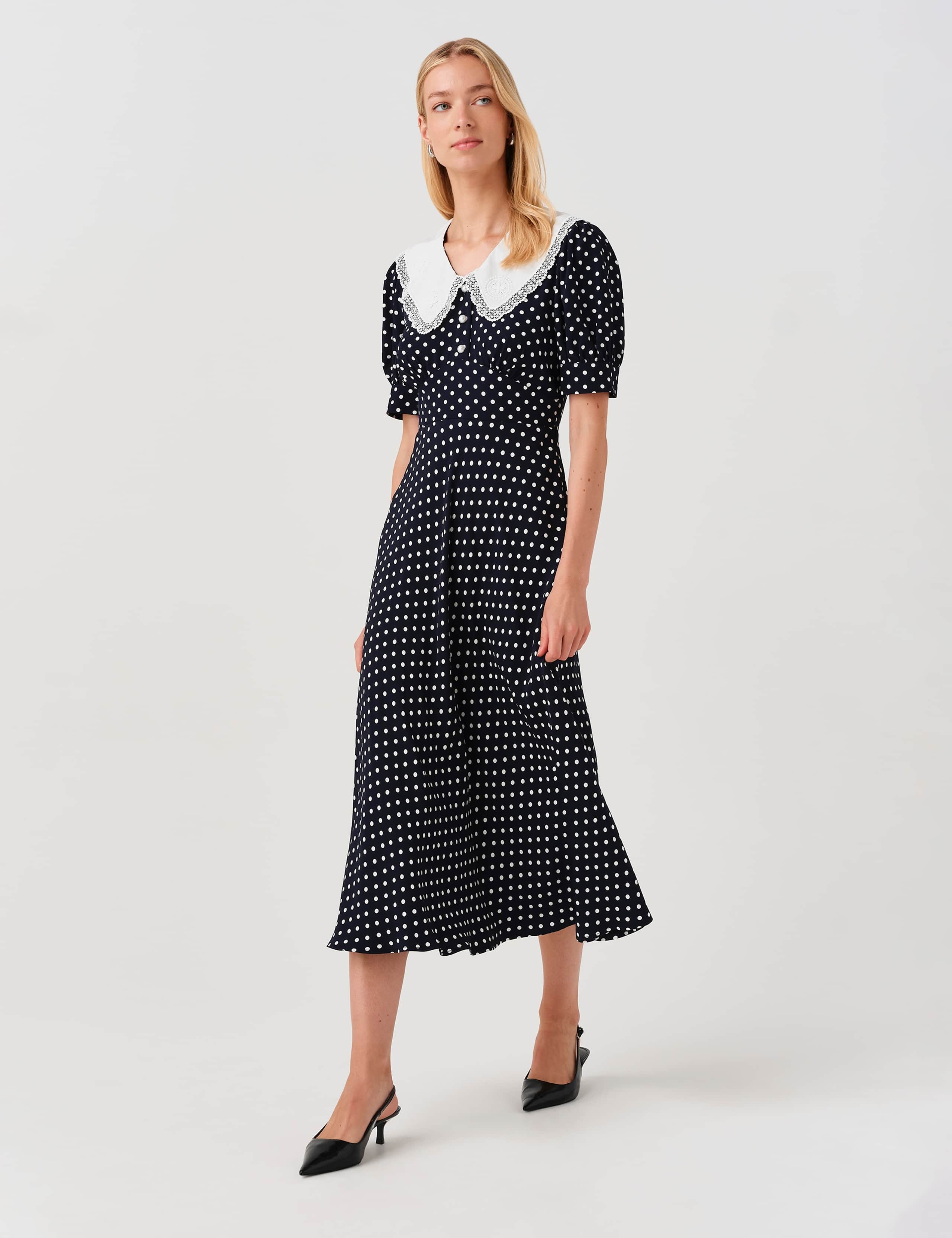 Crepe Polka Dot Midi Waisted Dress 9 of 12