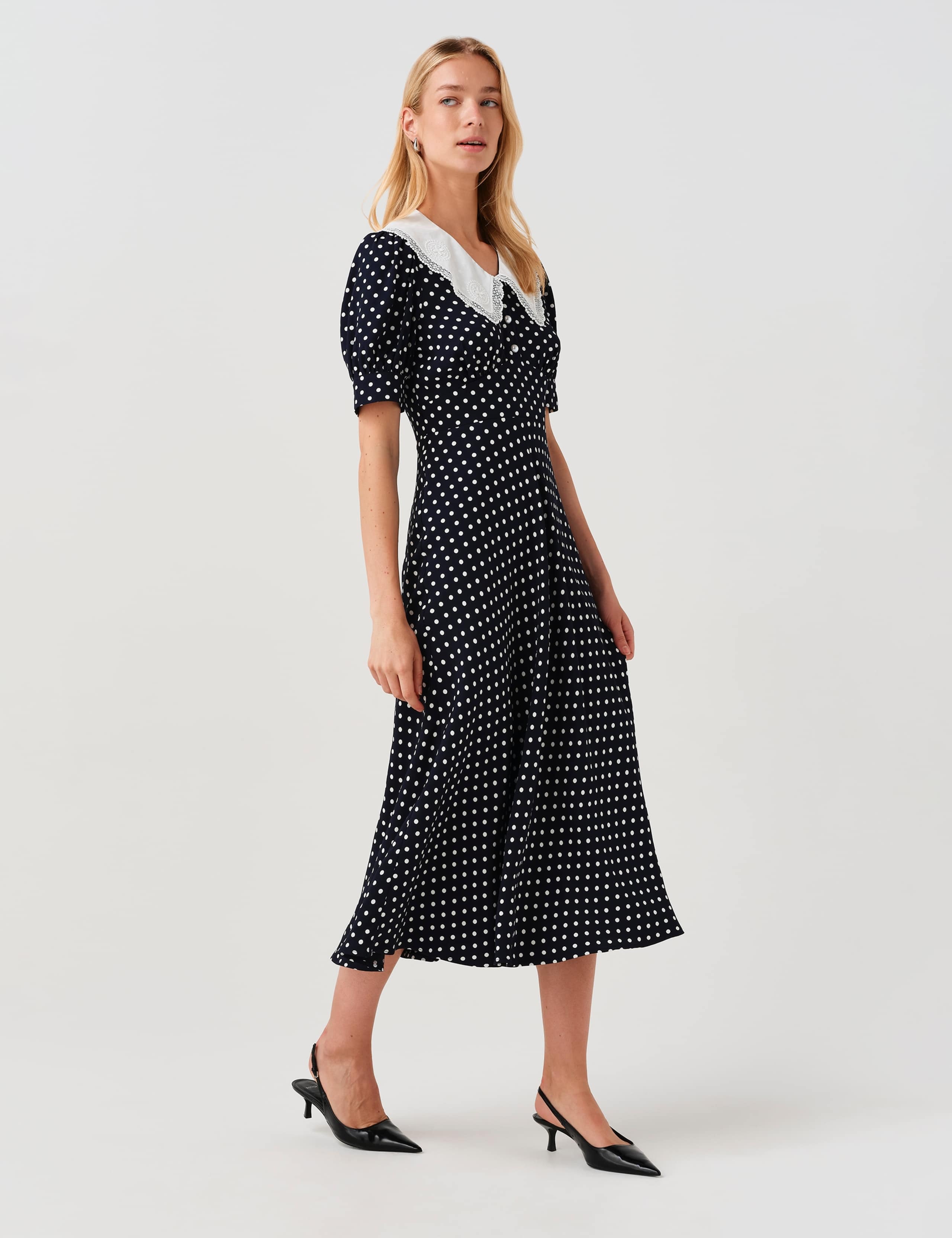 Crepe Polka Dot Midi Waisted Dress 10 of 12