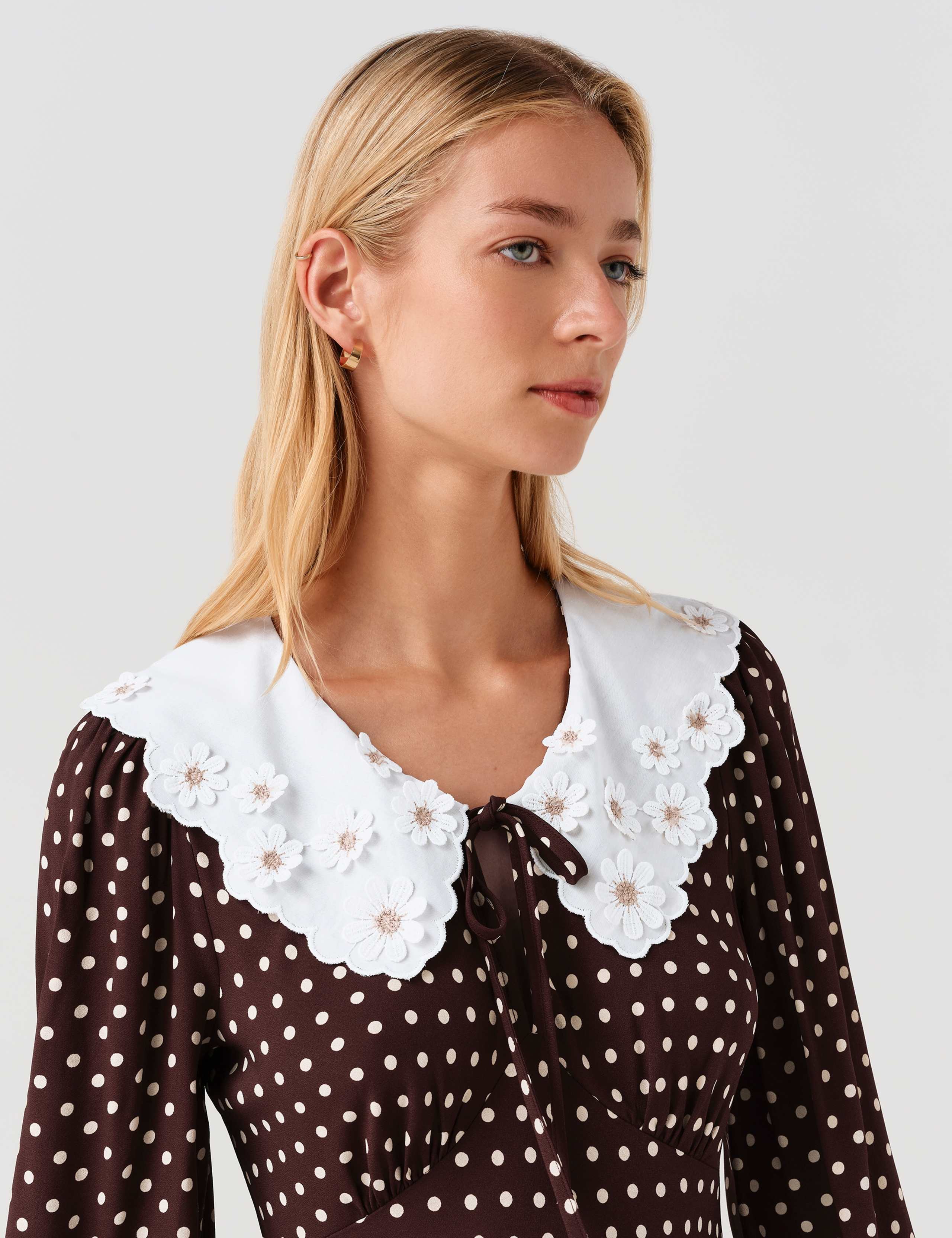 Crepe Polka Dot Midi Waisted Dress 2 of 8