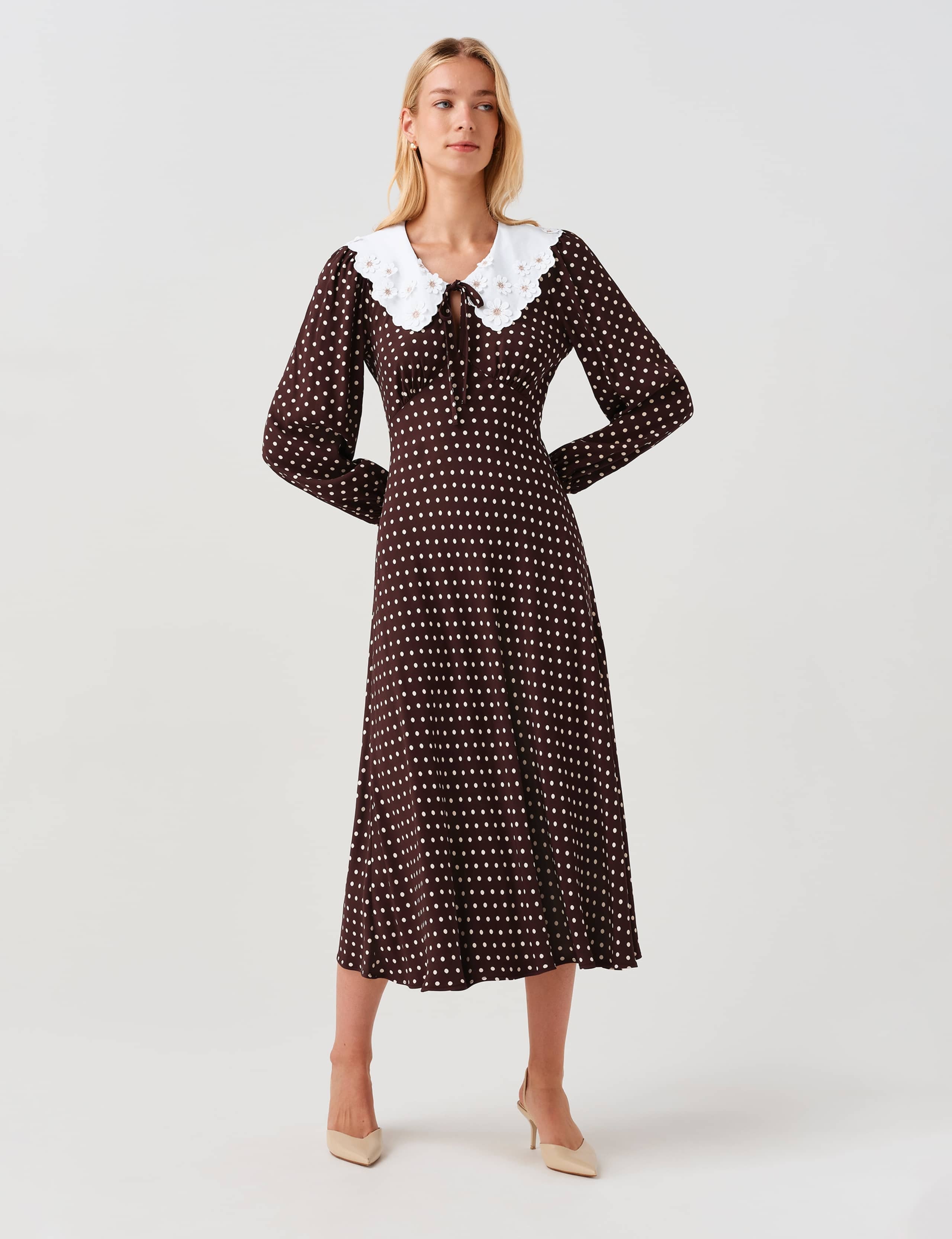 Crepe Polka Dot Midi Waisted Dress 3 of 8