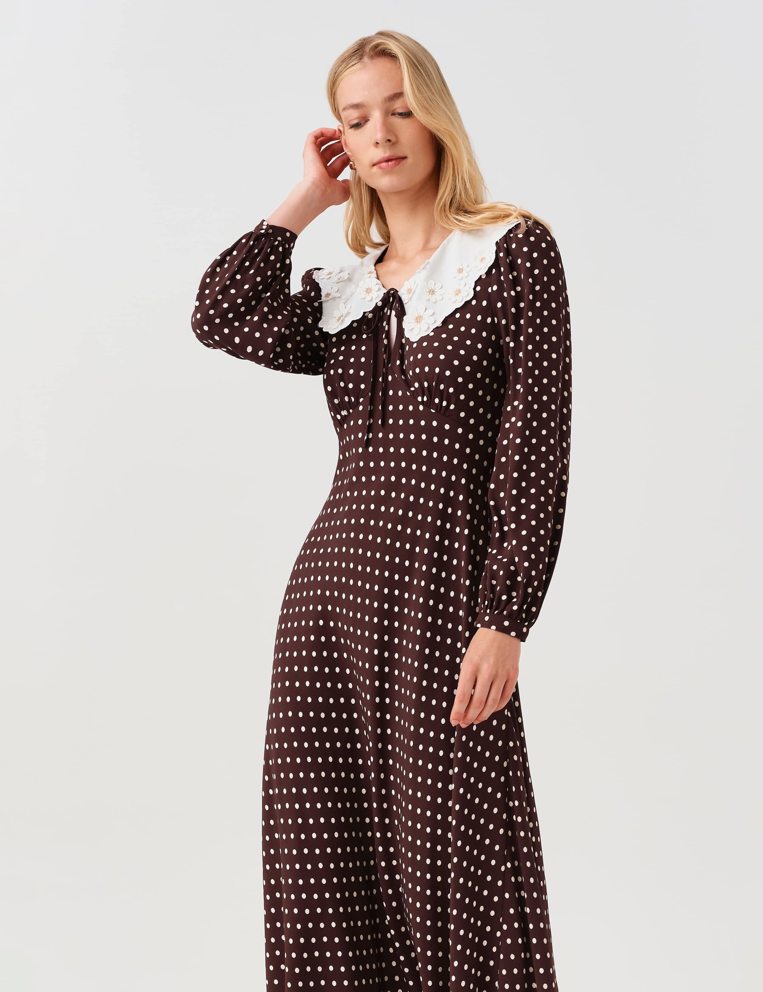 Crepe Polka Dot Midi Waisted Dress 4 of 8