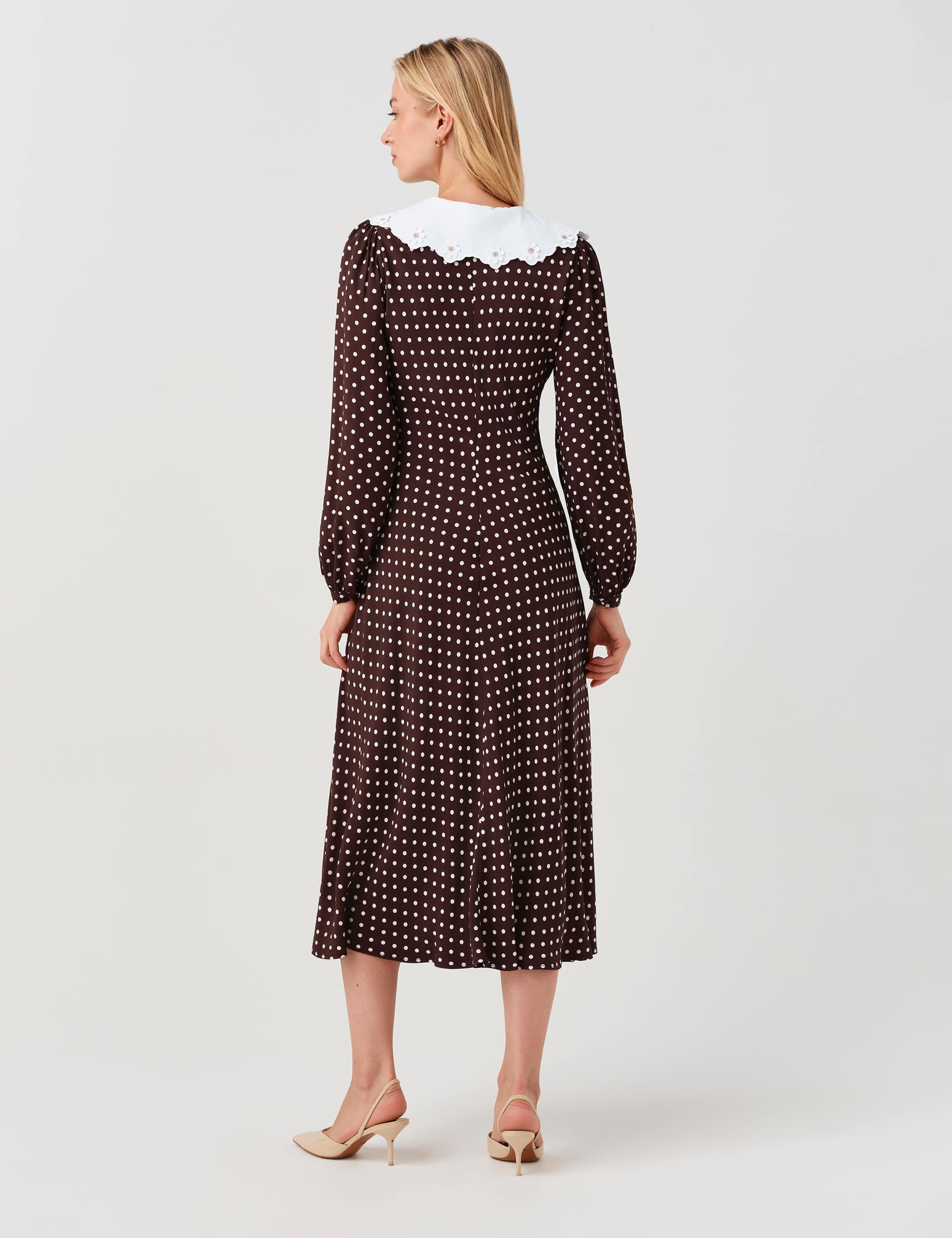 Crepe Polka Dot Midi Waisted Dress 5 of 8