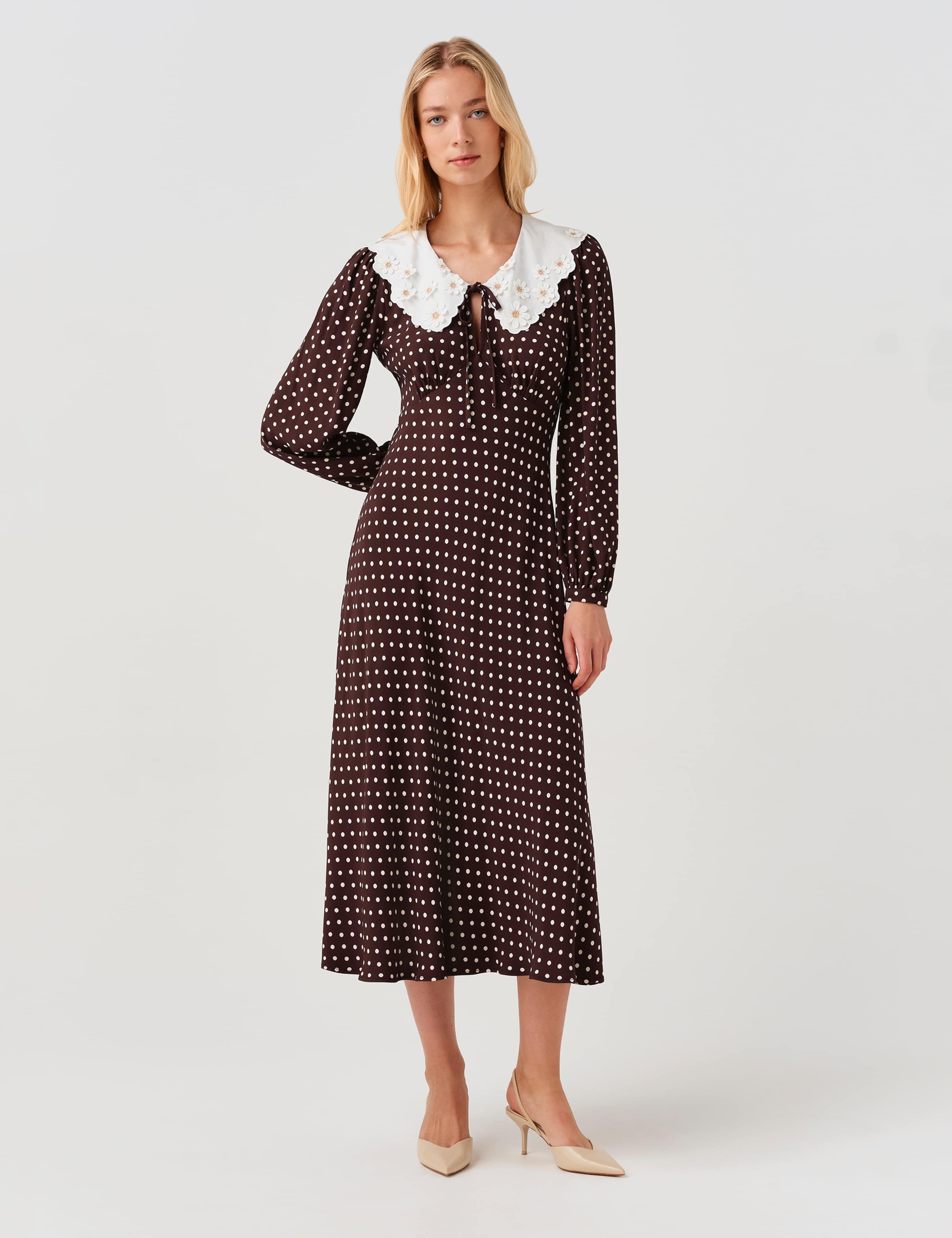 Crepe Polka Dot Midi Waisted Dress 6 of 8