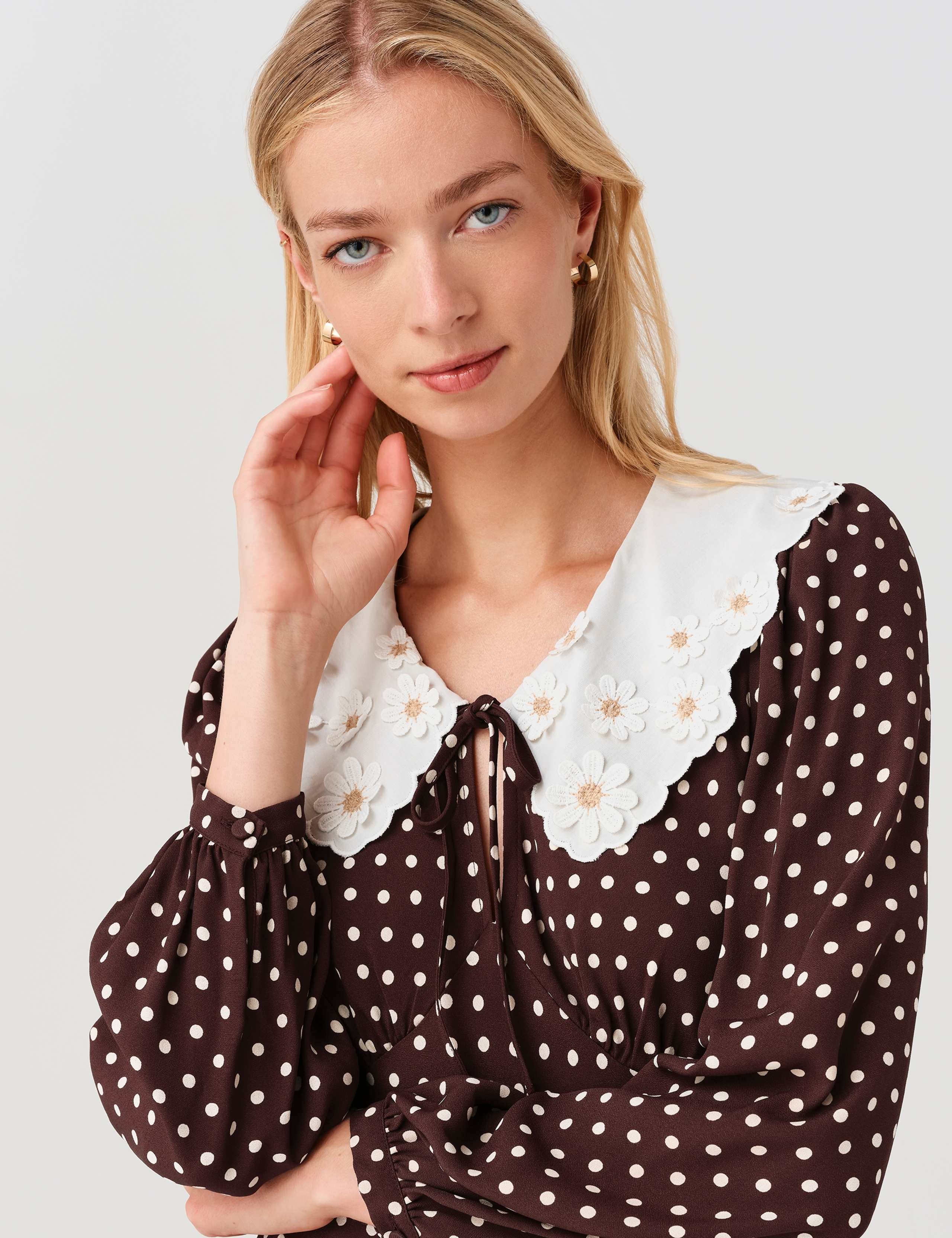 Crepe Polka Dot Midi Waisted Dress 7 of 8