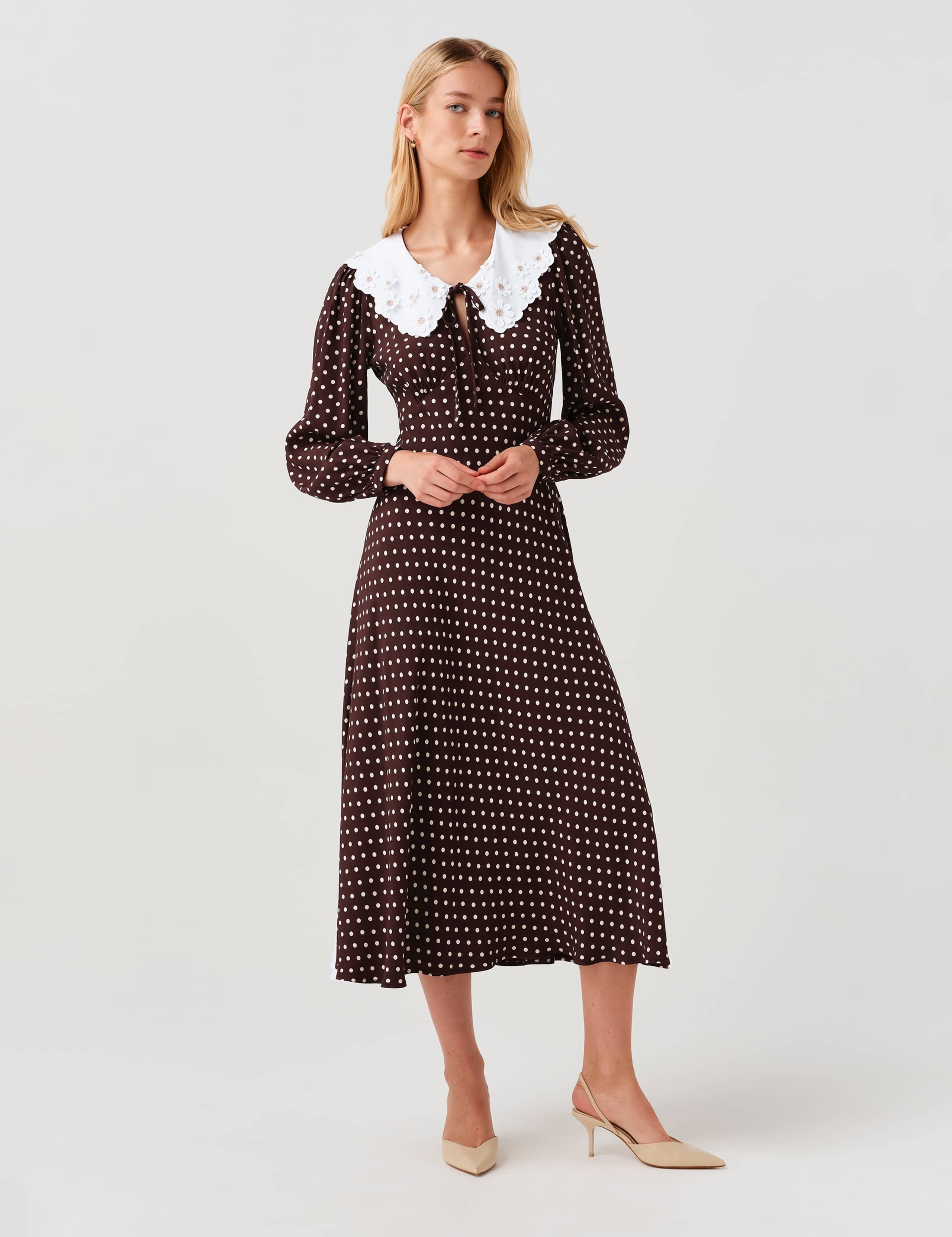 Crepe Polka Dot Midi Waisted Dress 8 of 8