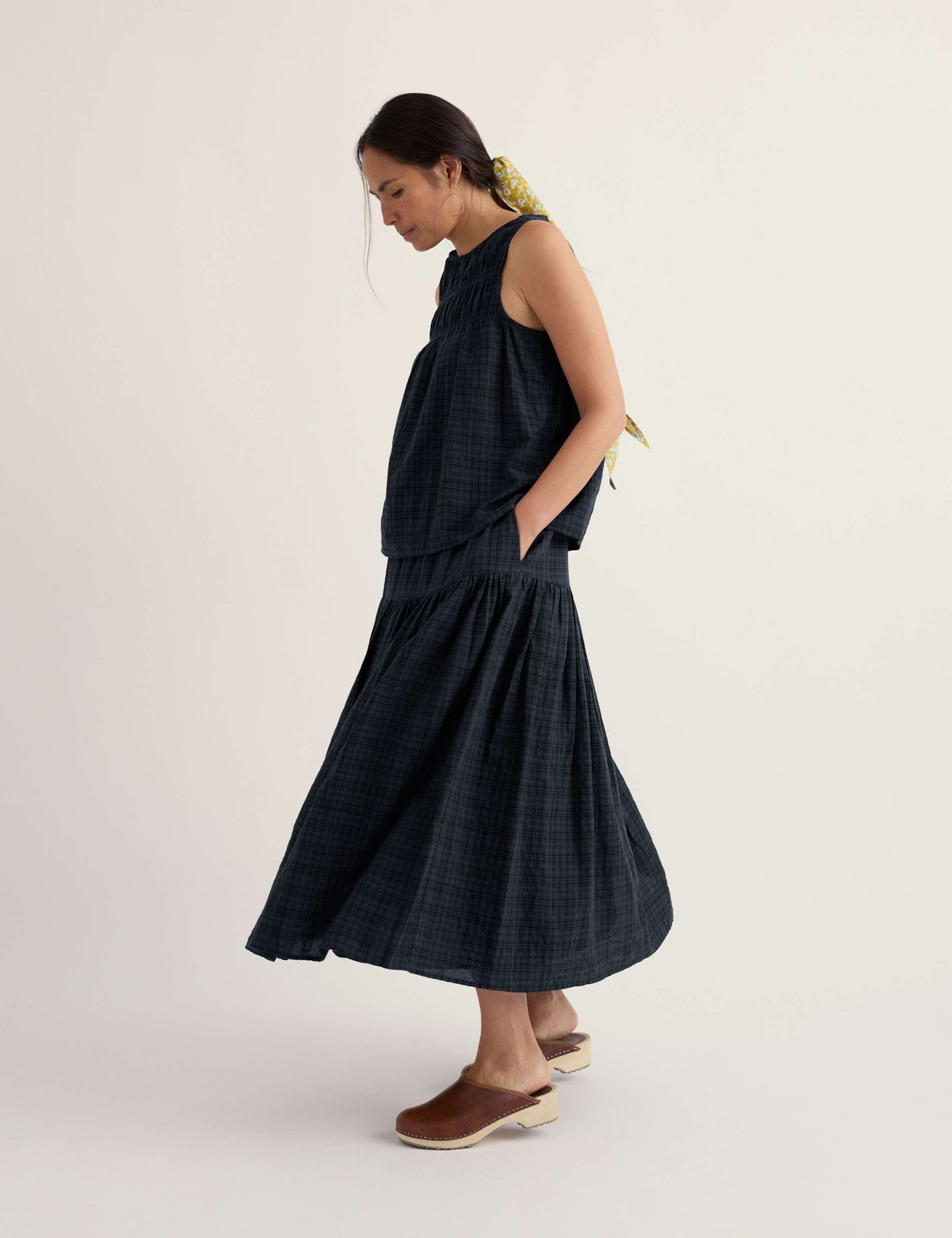 Cotton Rich Checked Midi A-Line Tiered Skirt 1 of 5