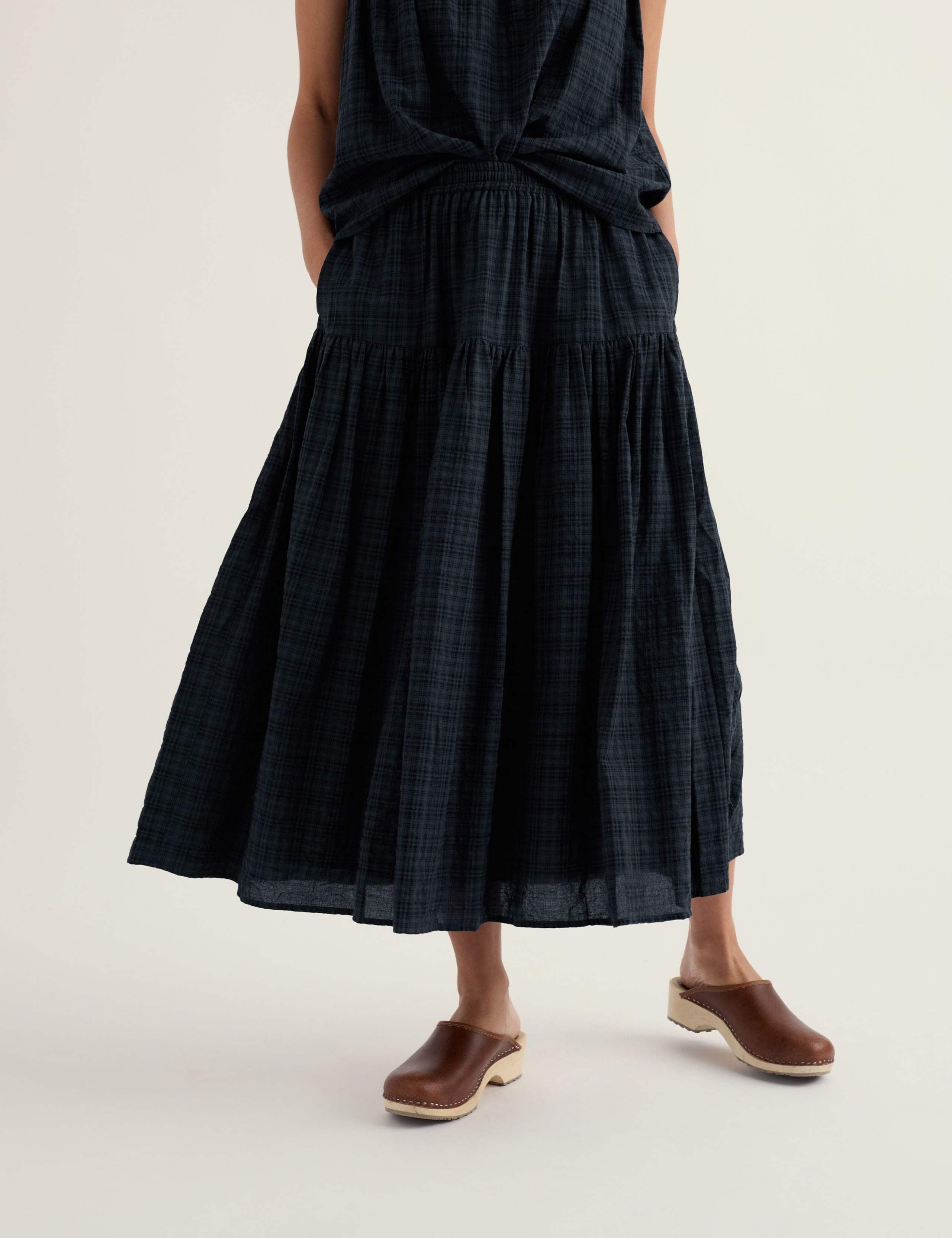 Cotton Rich Checked Midi A-Line Tiered Skirt 3 of 5