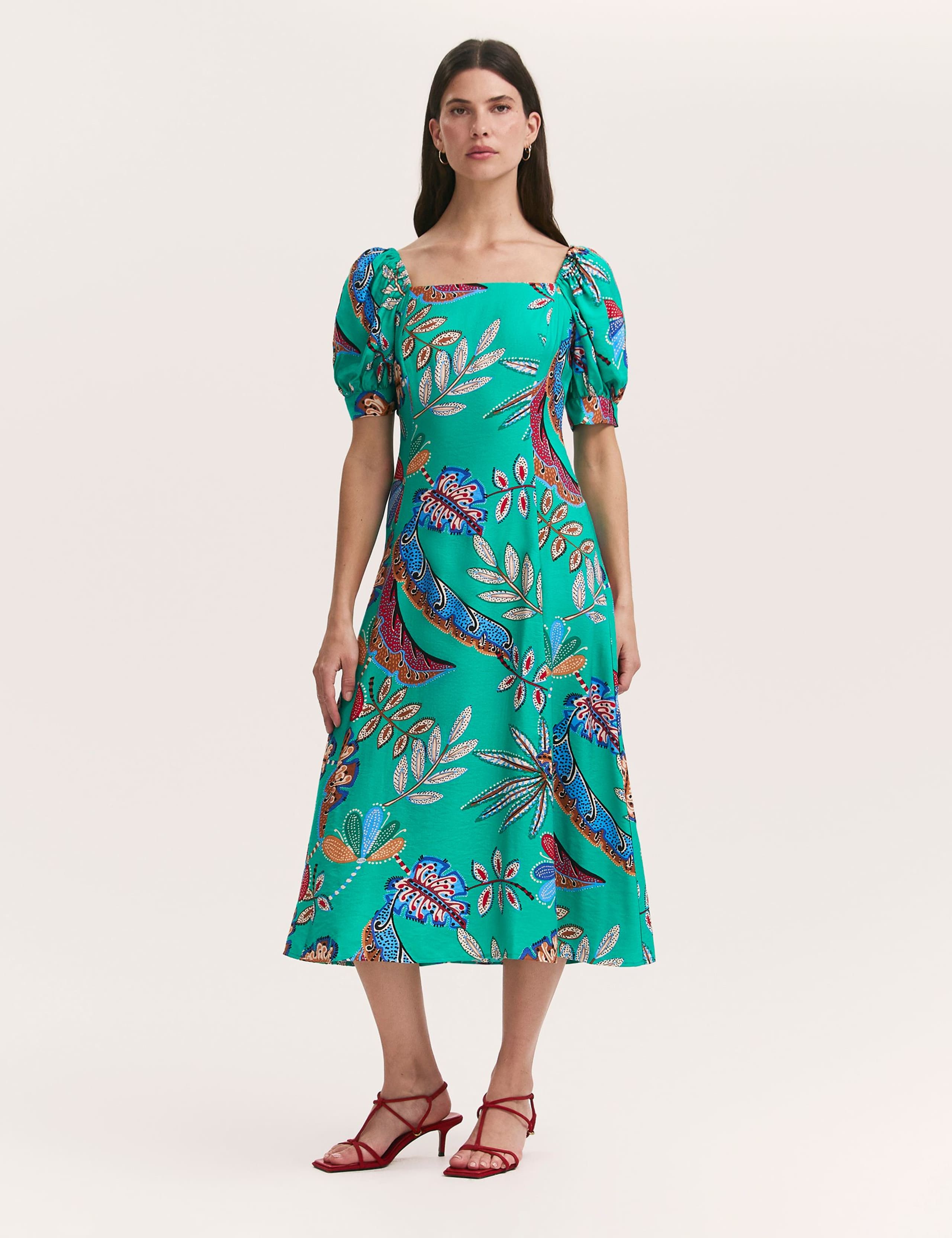 Printed Square Neck Midi Smock Dress 1 of 4