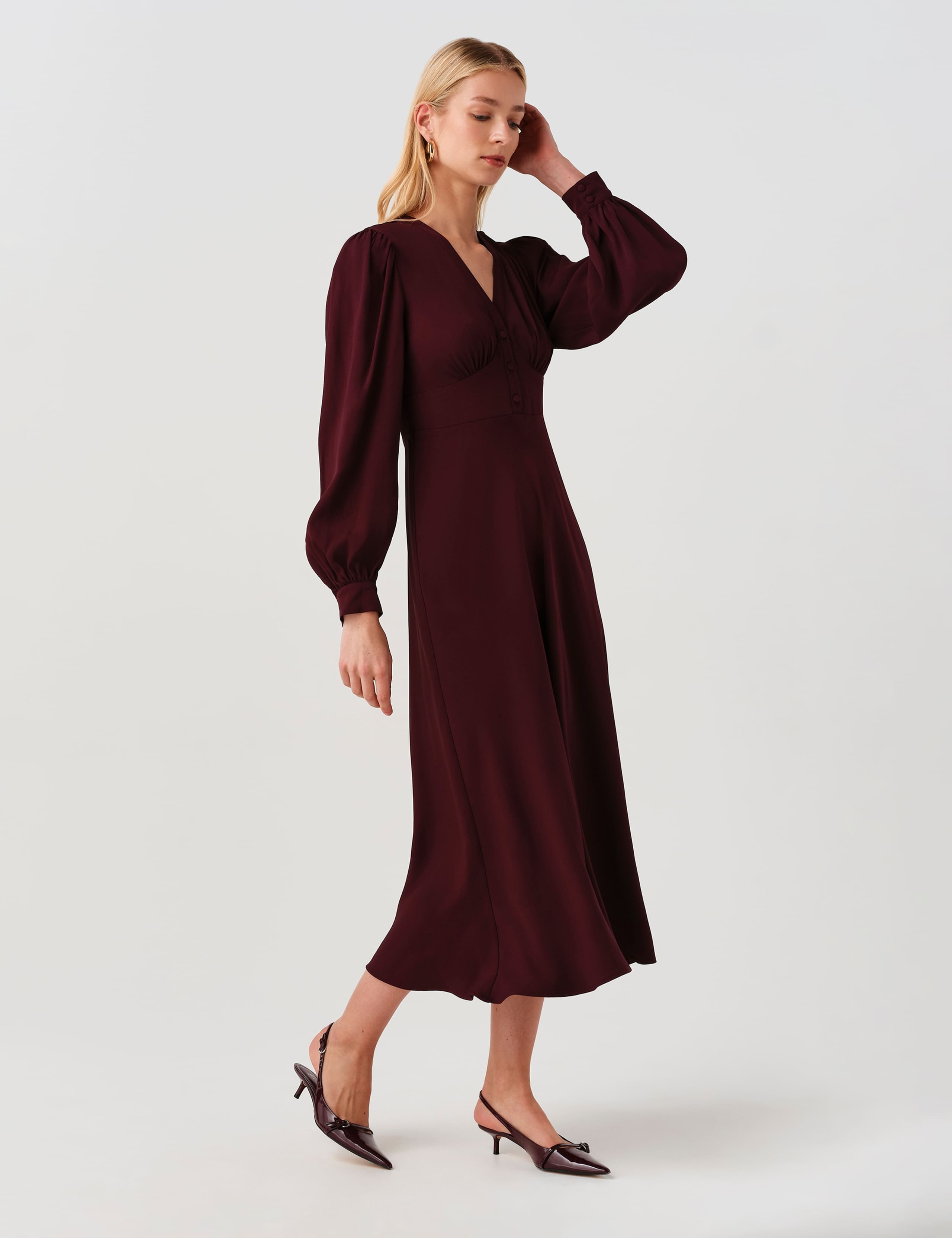 V-Neck Button Detail Midi Waisted Dress 2 of 9