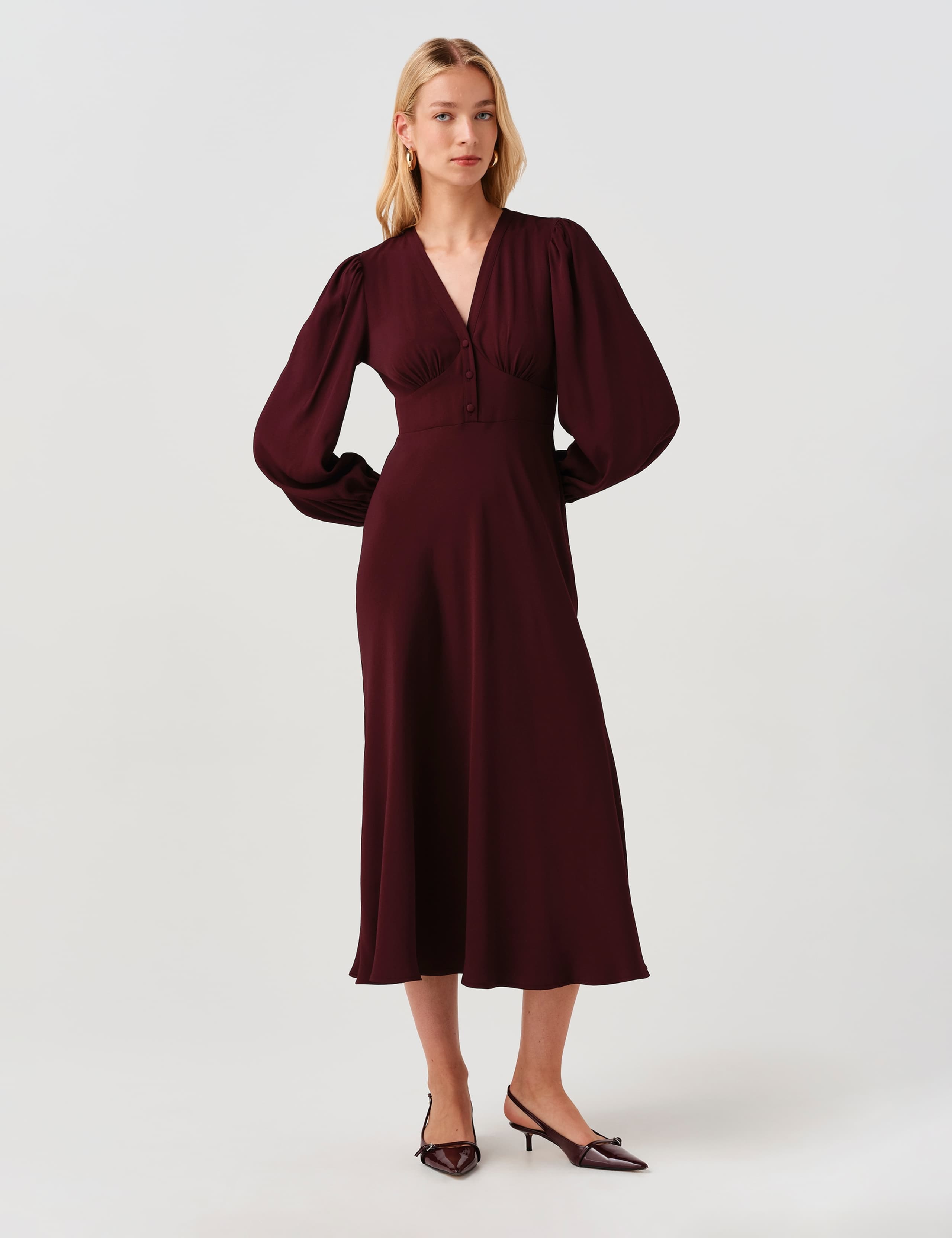 V-Neck Button Detail Midi Waisted Dress 3 of 9