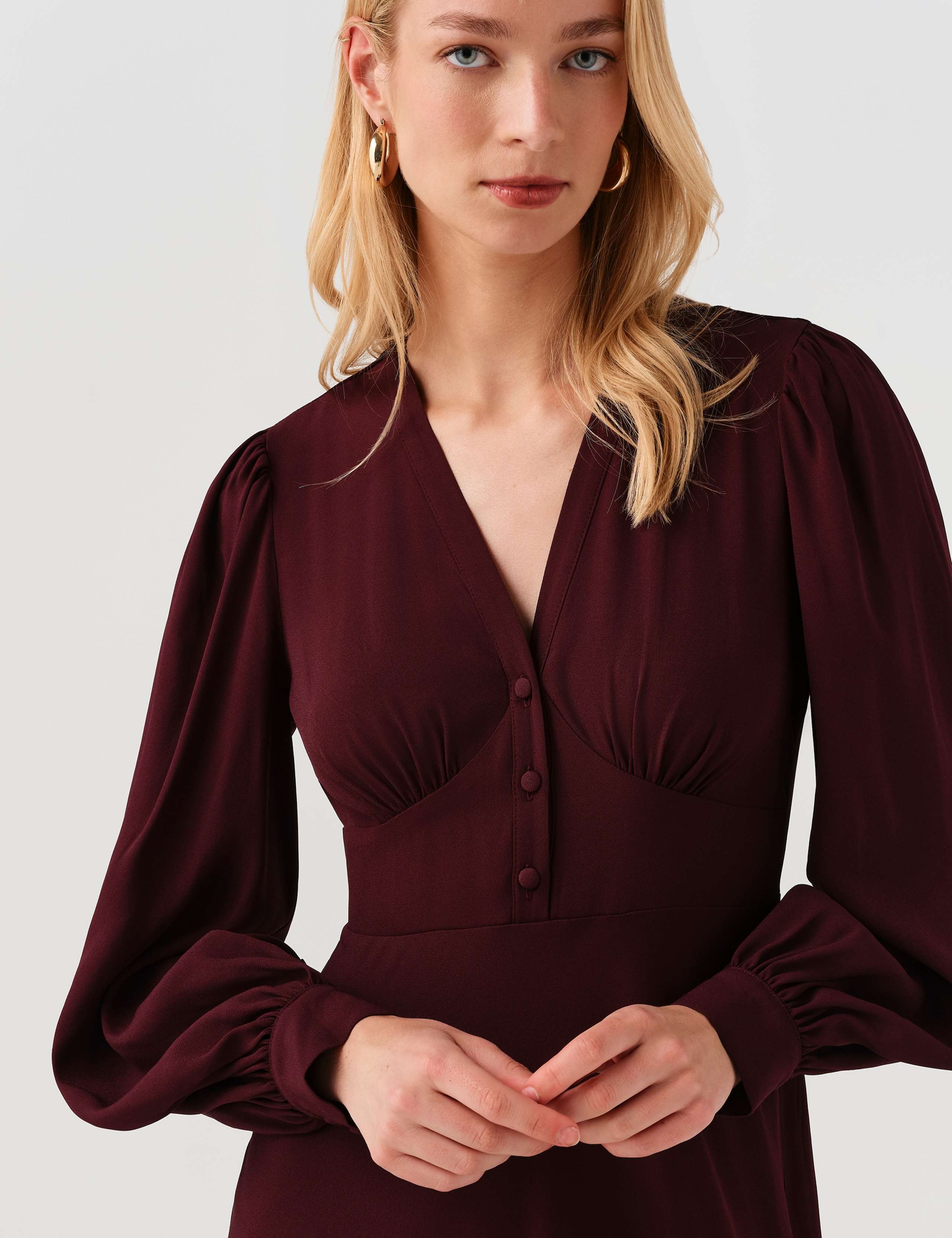 V-Neck Button Detail Midi Waisted Dress 4 of 9