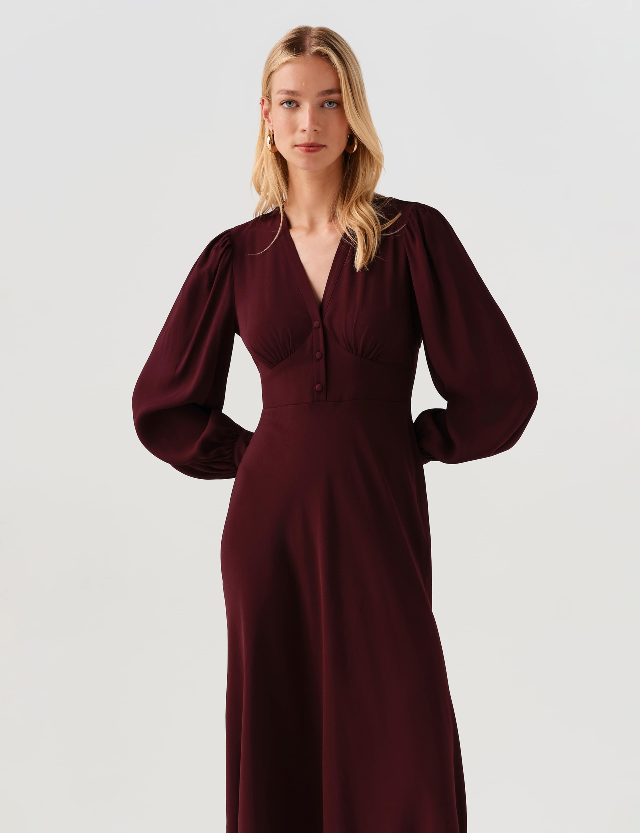 V-Neck Button Detail Midi Waisted Dress 6 of 9