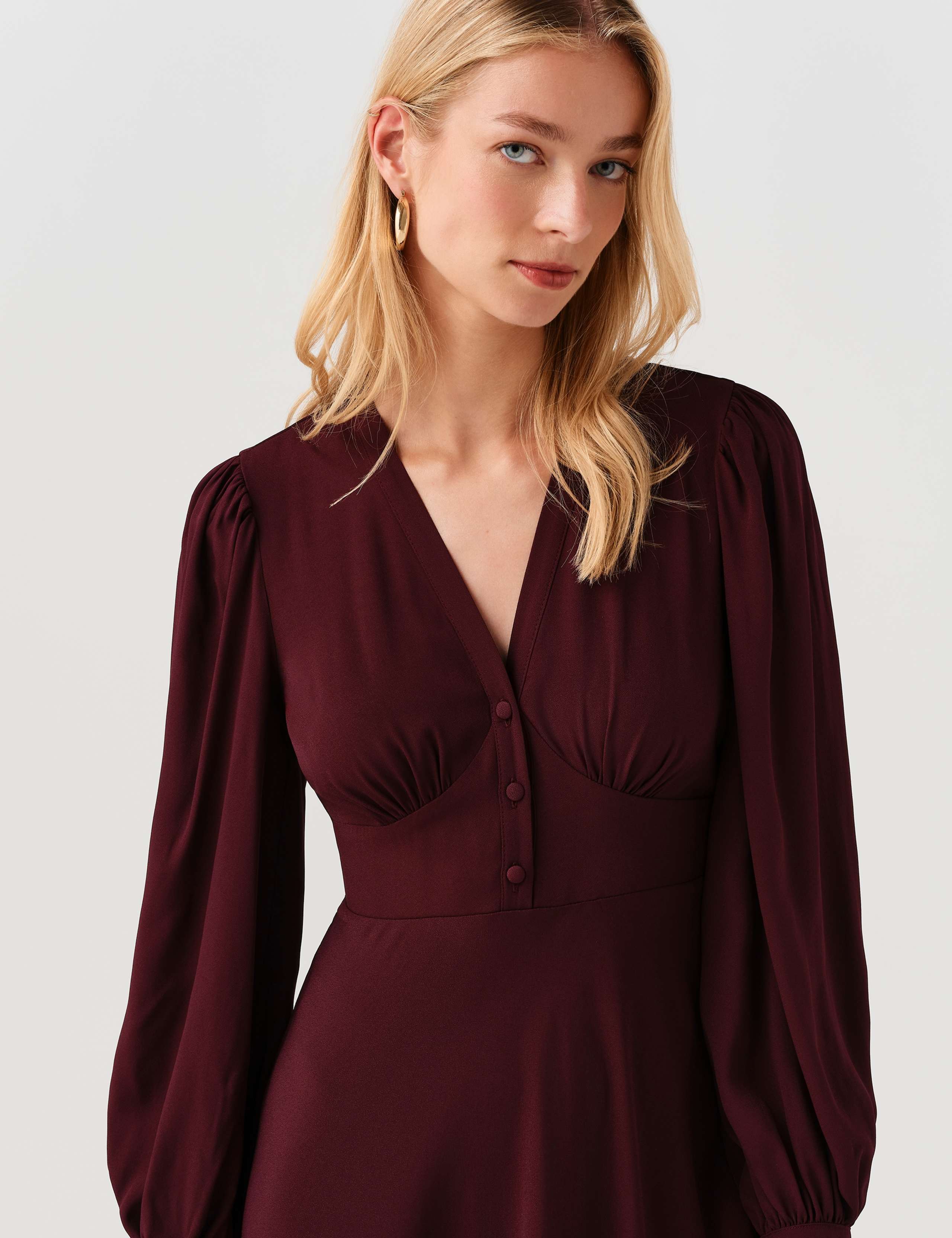 V-Neck Button Detail Midi Waisted Dress 7 of 9