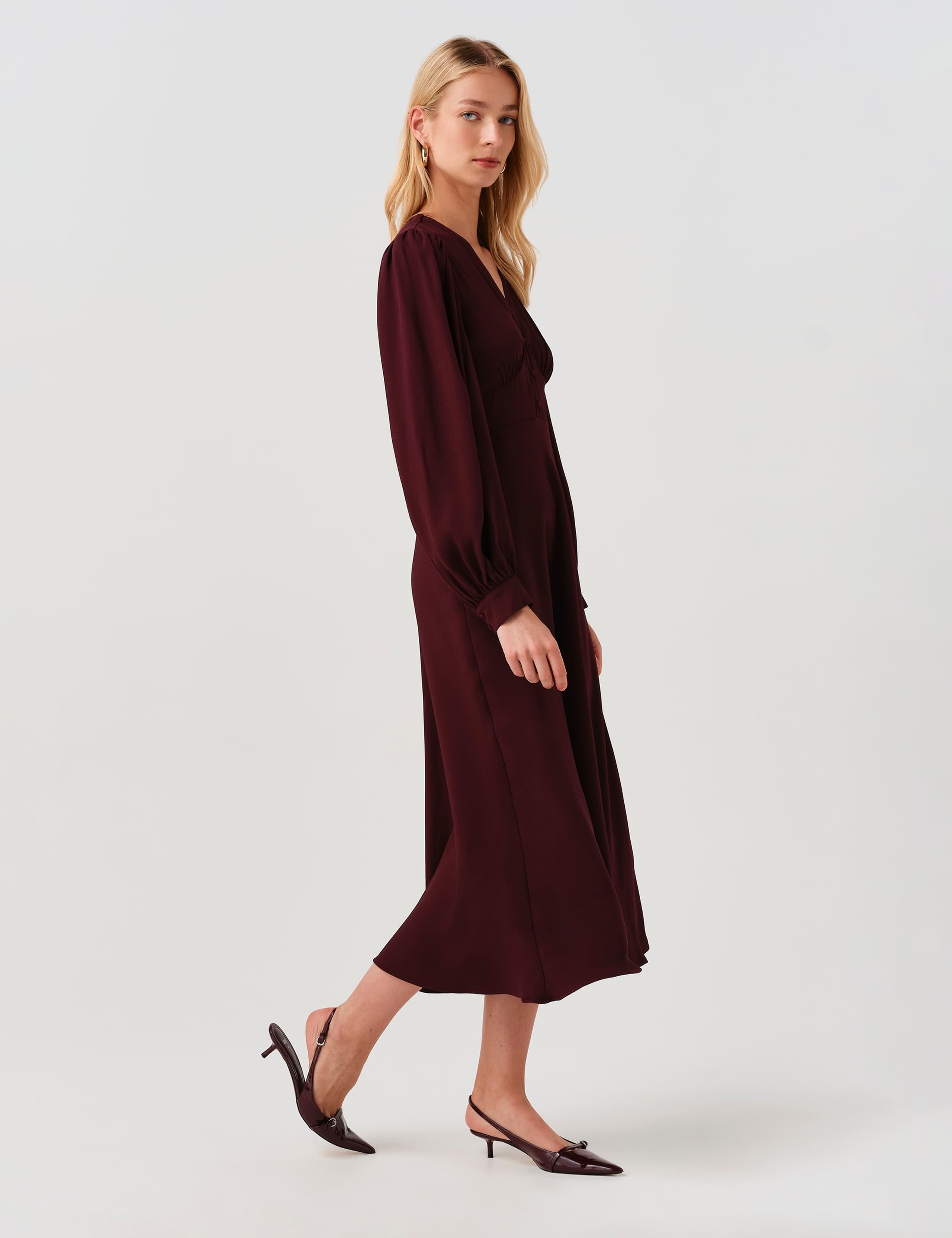 V-Neck Button Detail Midi Waisted Dress 8 of 9