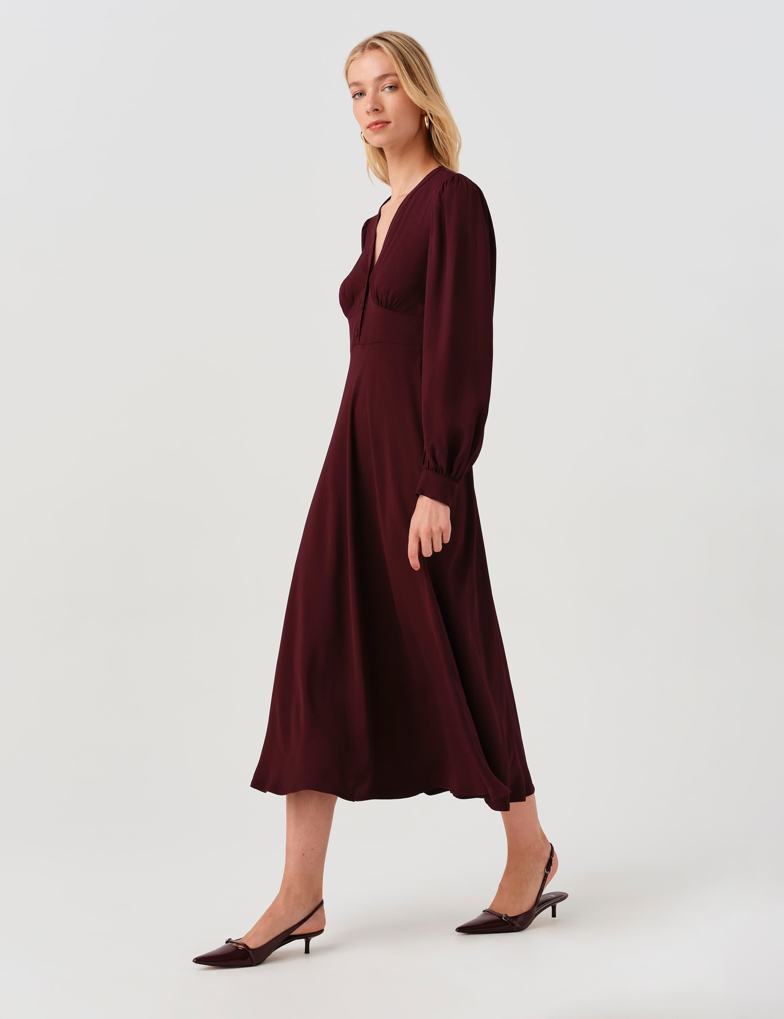 V-Neck Button Detail Midi Waisted Dress 9 of 9