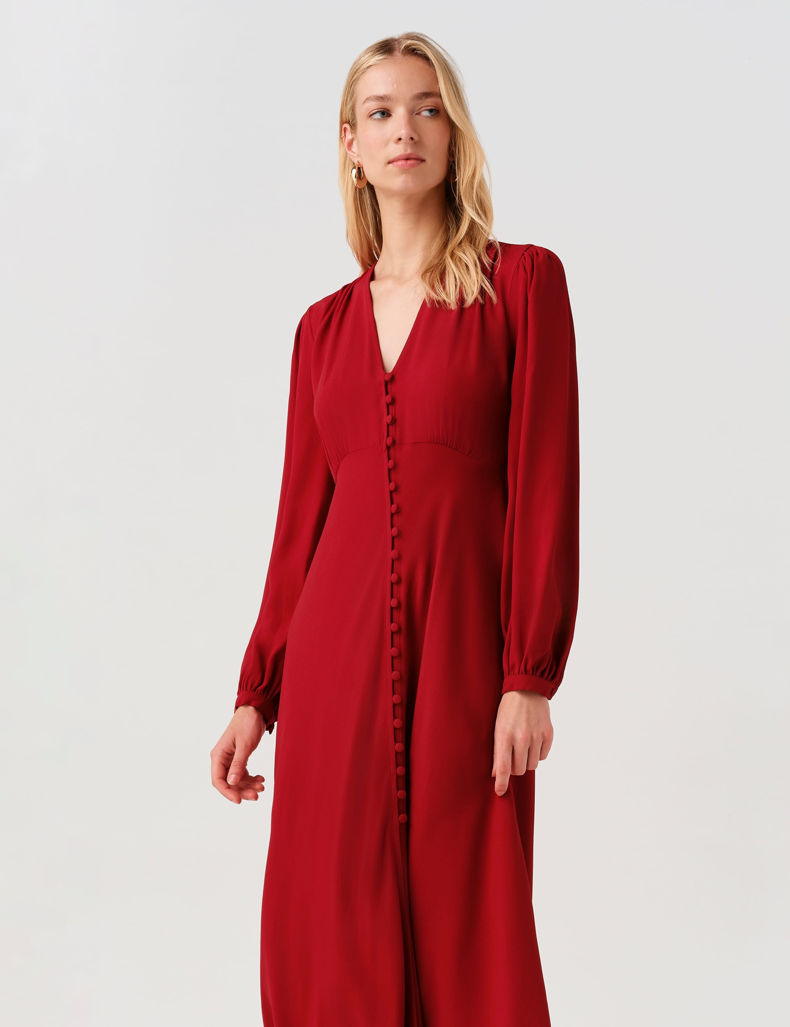 Crepe V-Neck Midi Waisted Dress 2 of 9