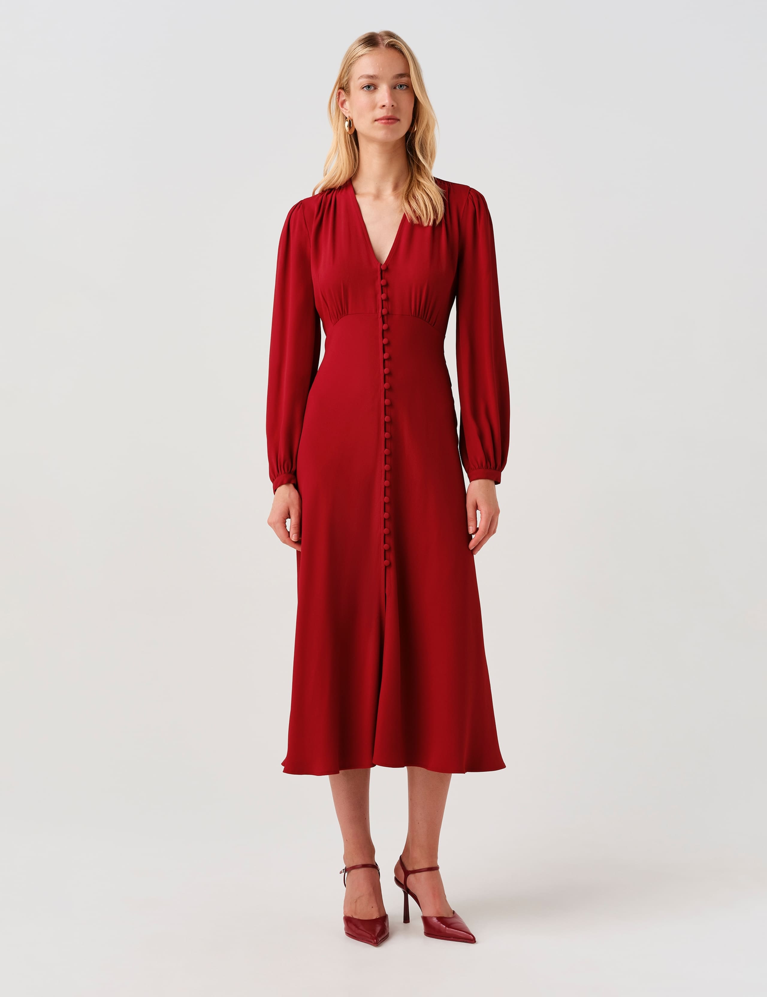 Crepe V-Neck Midi Waisted Dress 3 of 9