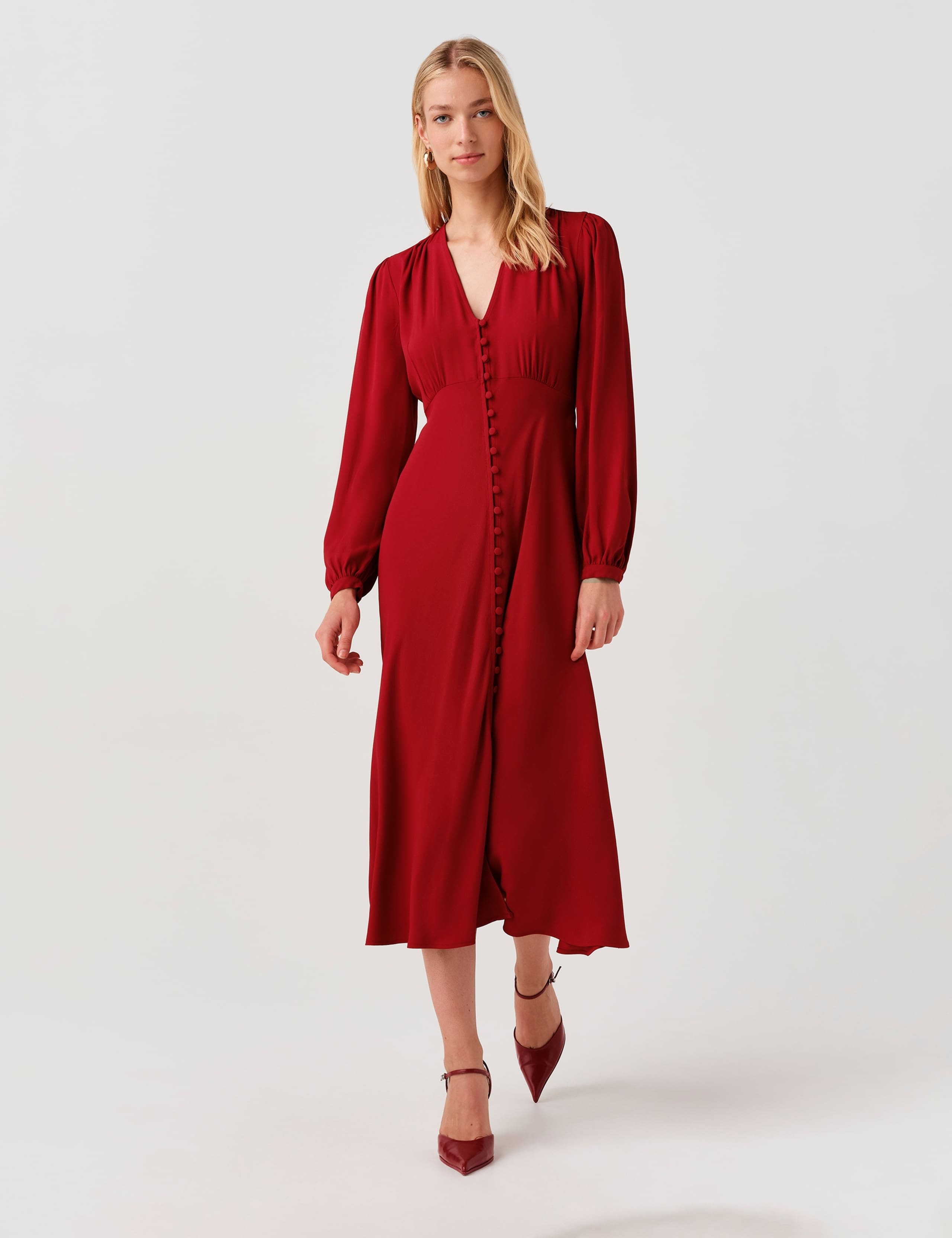 Crepe V-Neck Midi Waisted Dress 4 of 9