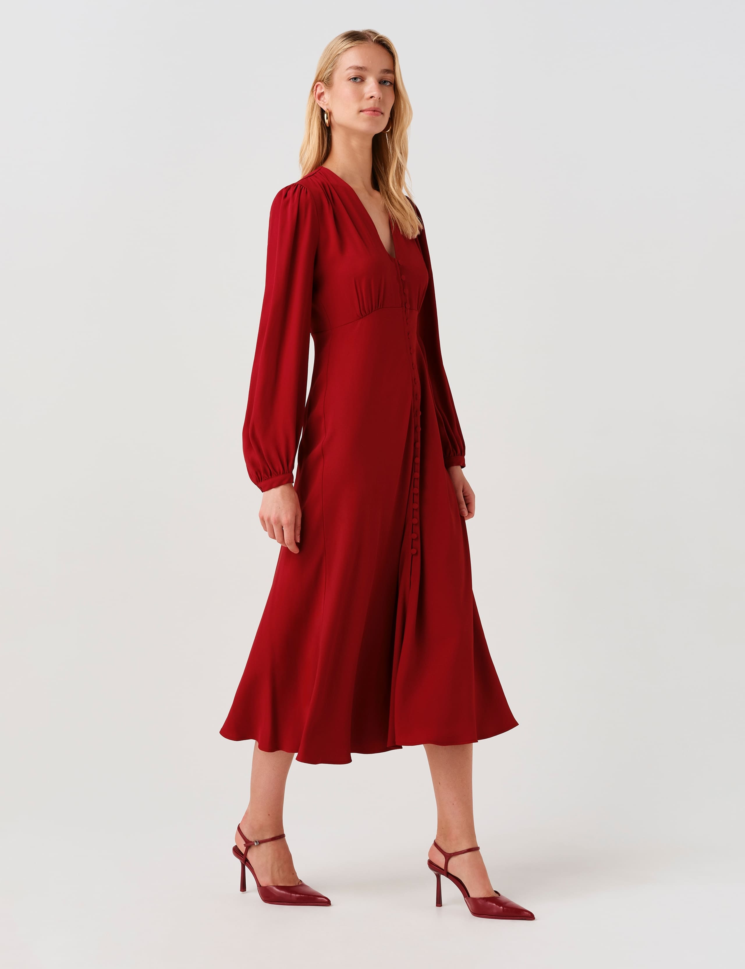 Crepe V-Neck Midi Waisted Dress 7 of 9