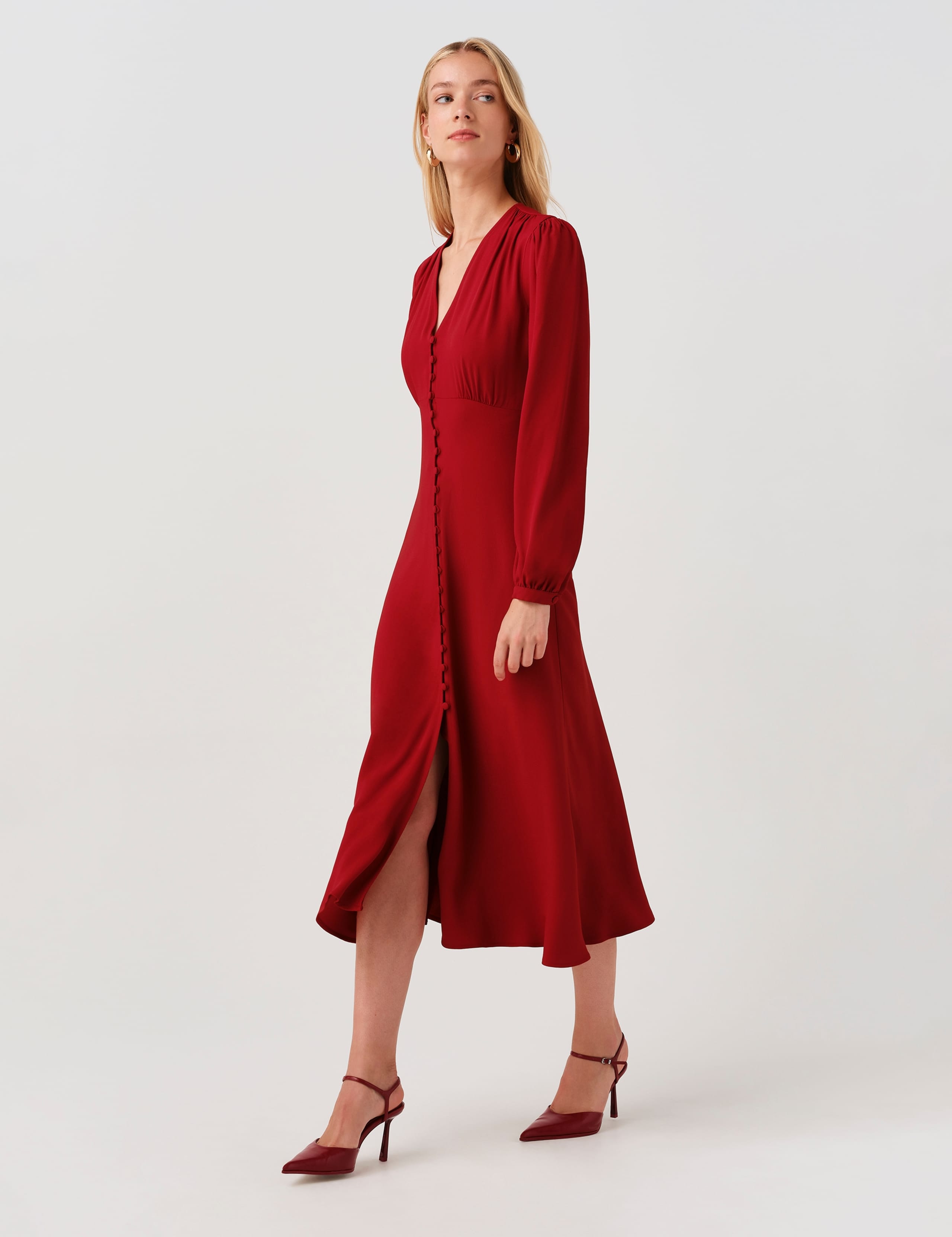 Crepe V-Neck Midi Waisted Dress 9 of 9