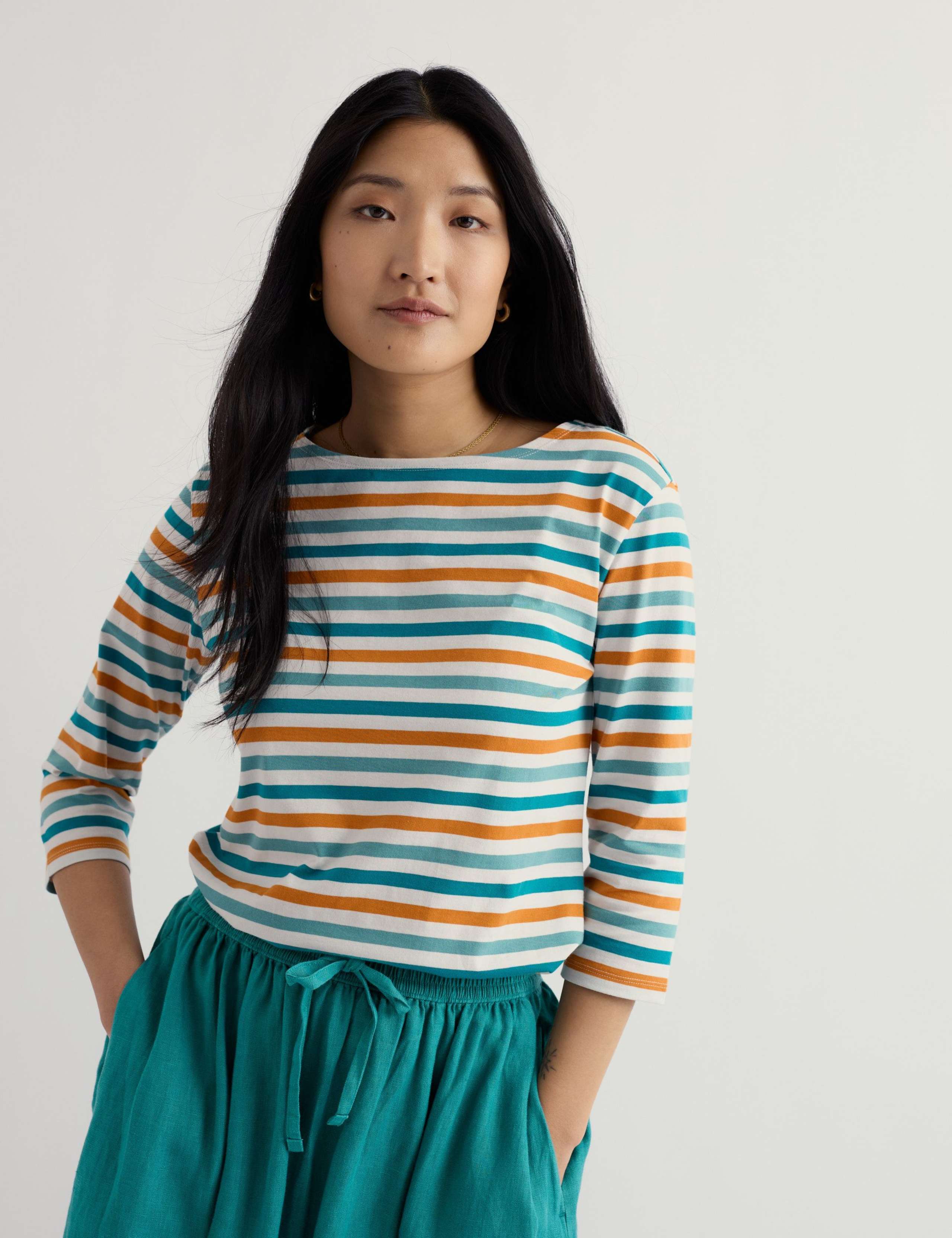 Pure Cotton Striped Slash Neck Top 3 of 5