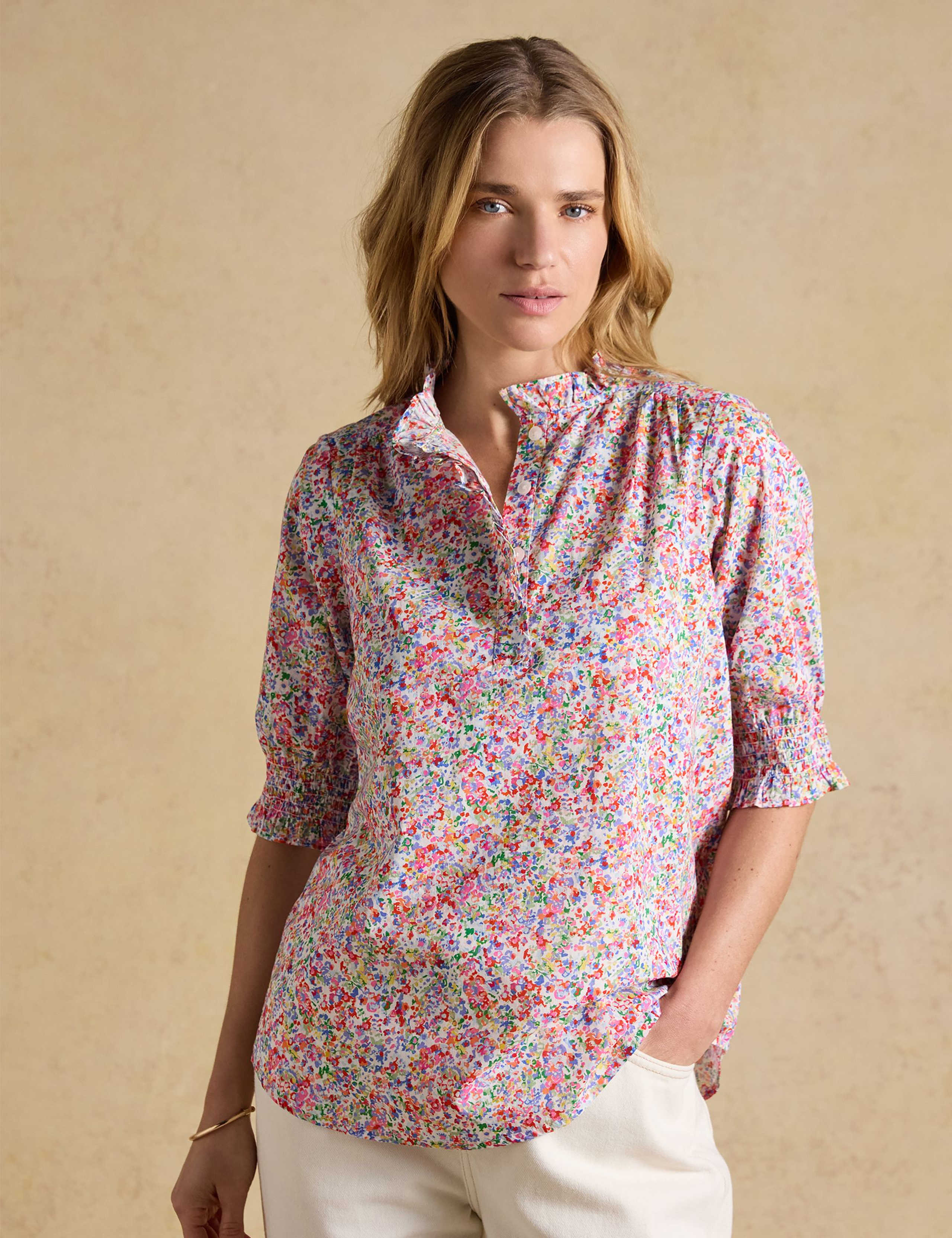 Pure Cotton Floral Frill V-Neck Blouse 3 of 8