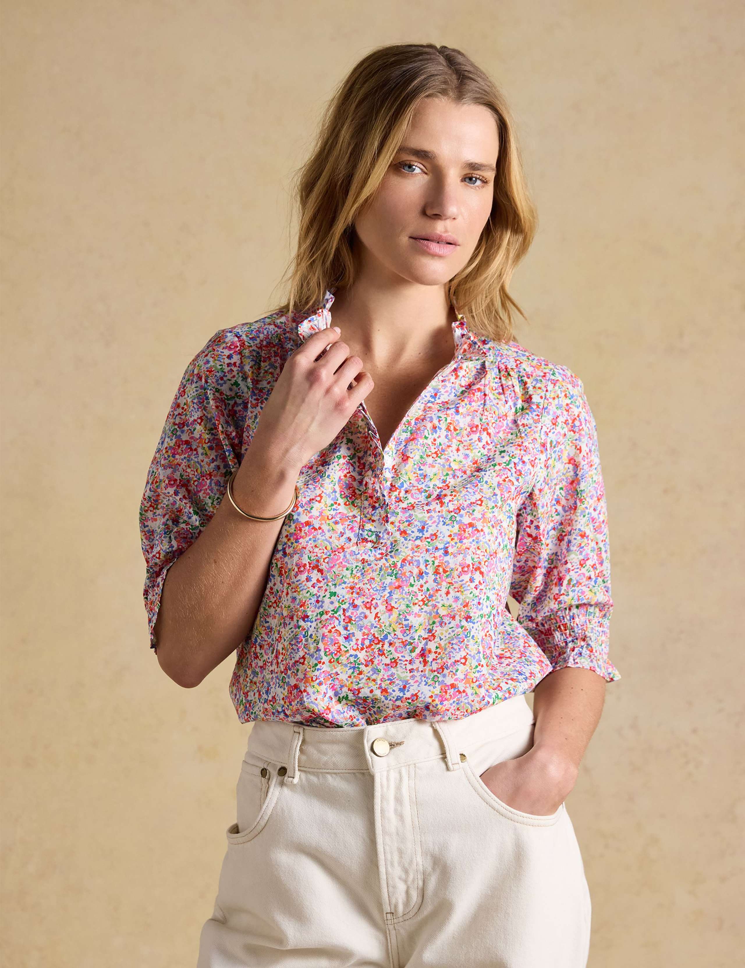 Pure Cotton Floral Frill V-Neck Blouse 4 of 8