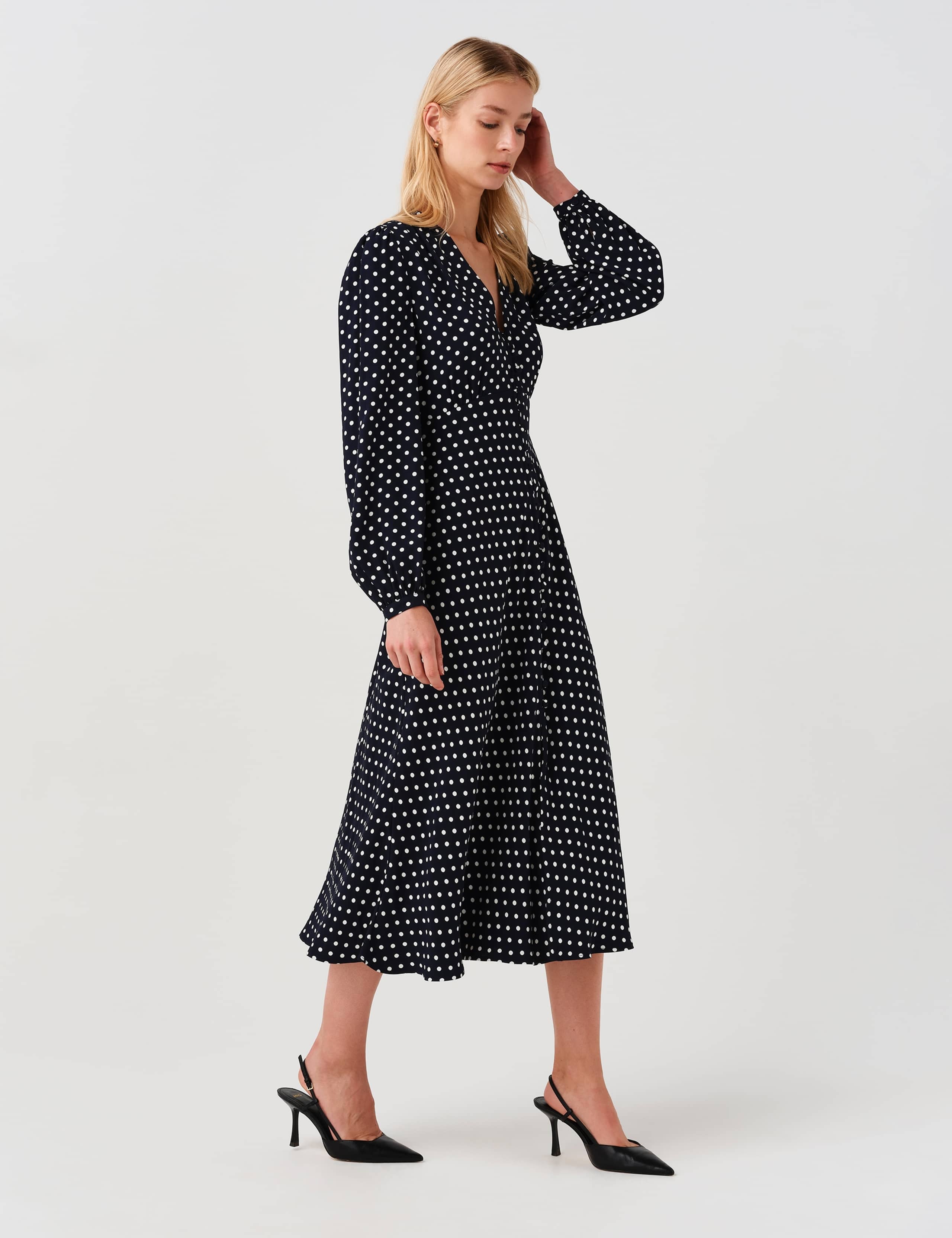 Crepe Polka Dot V-Neck Midi Waisted Dress 2 of 11