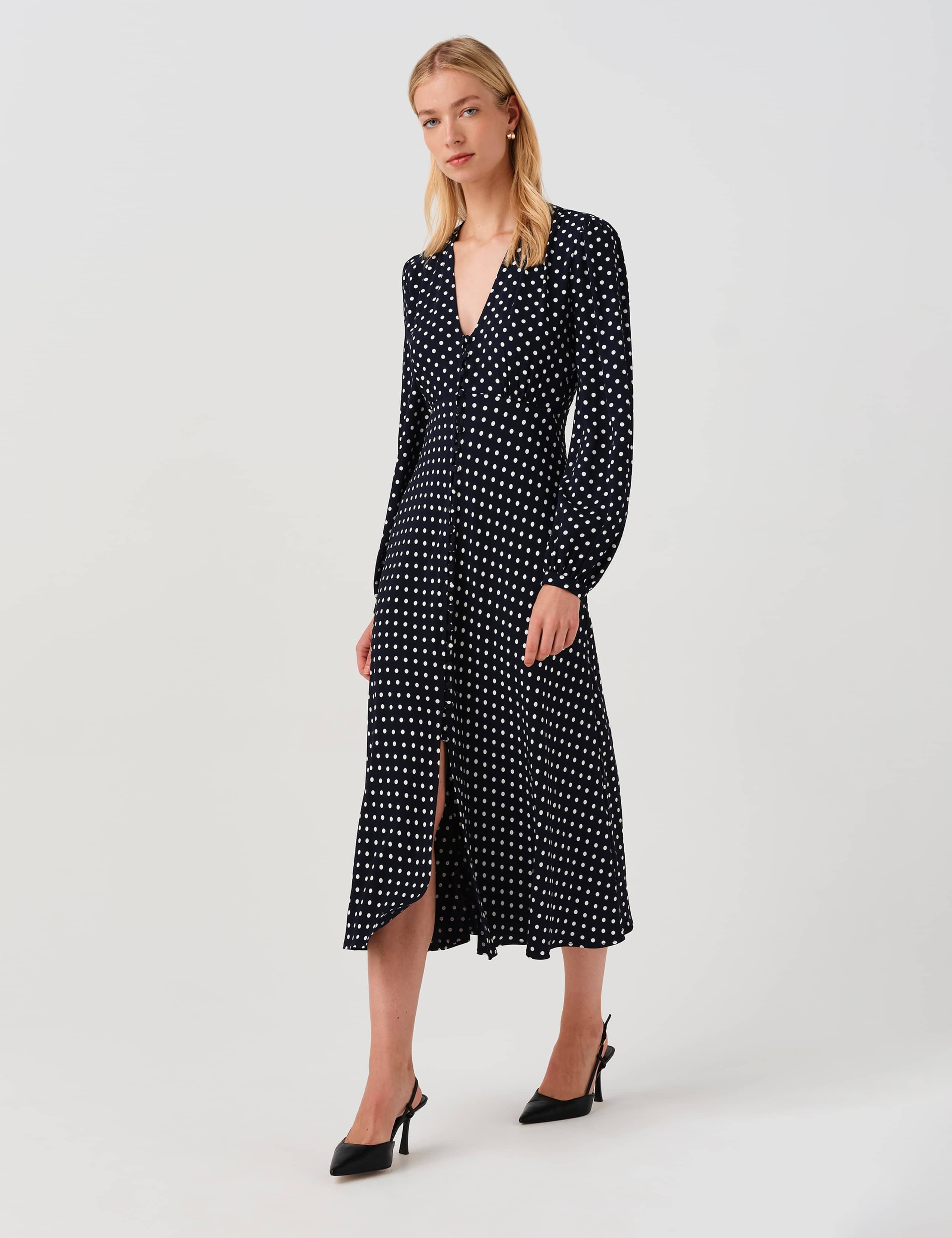 Crepe Polka Dot V-Neck Midi Waisted Dress 11 of 11