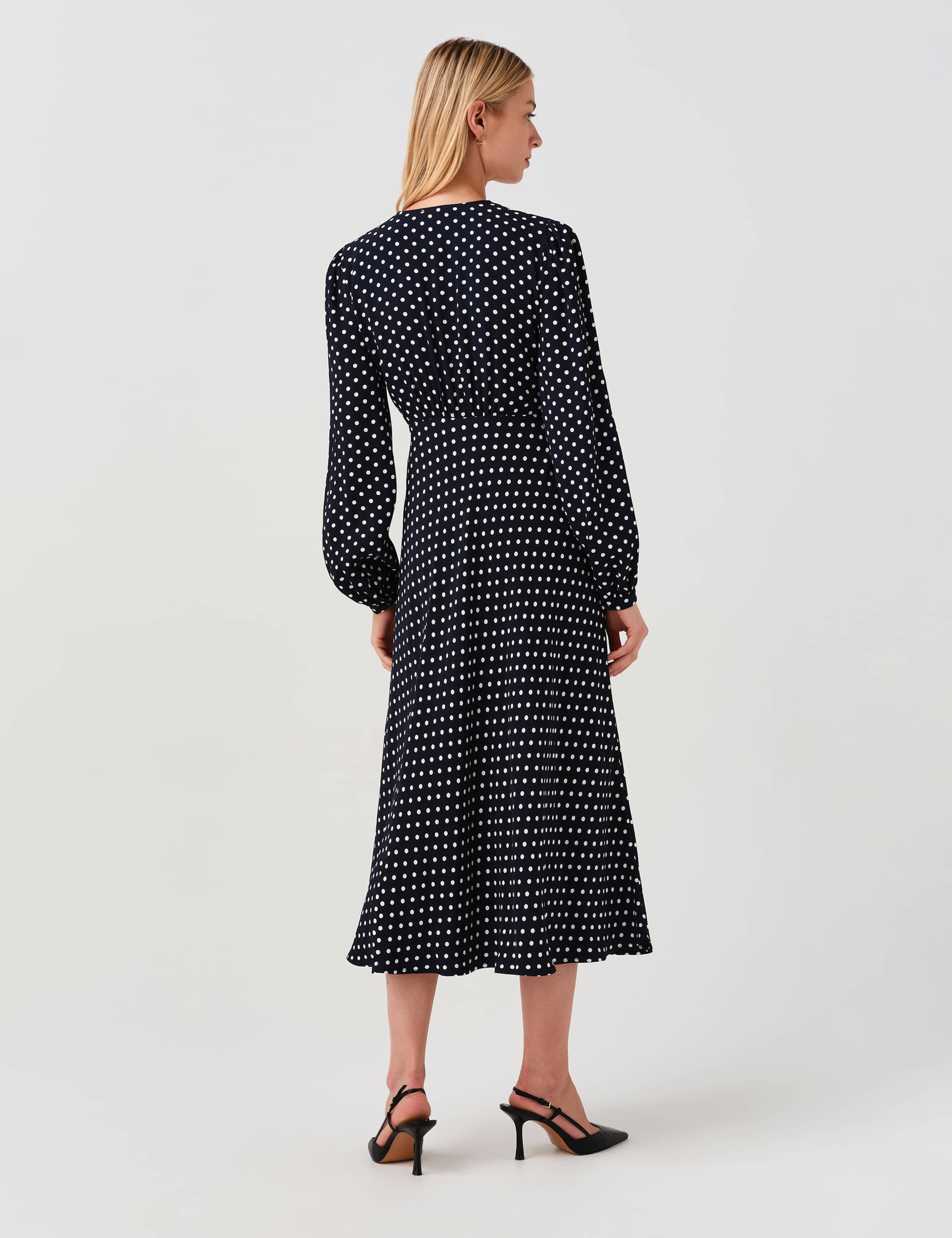 Crepe Polka Dot V-Neck Midi Waisted Dress 3 of 11