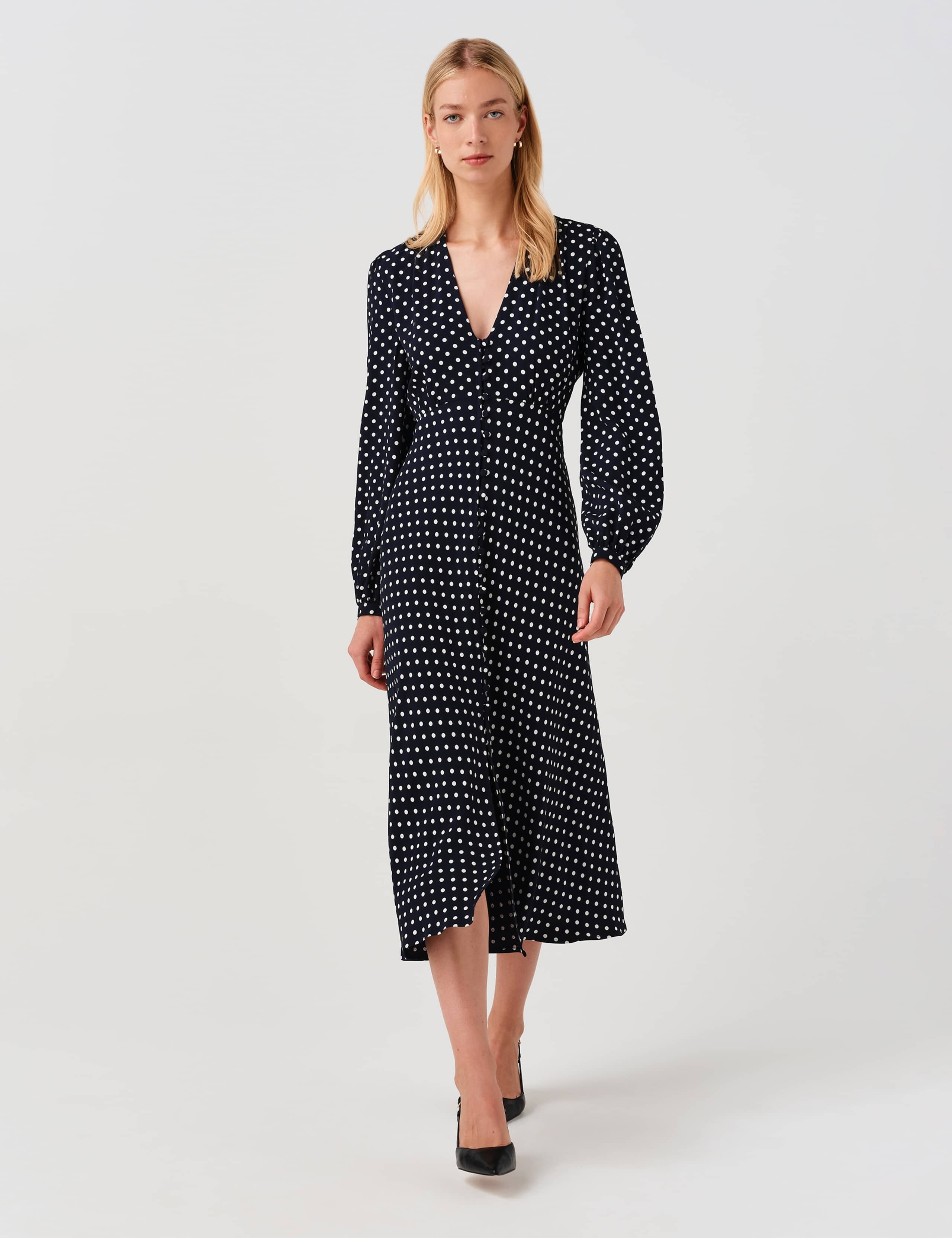 Crepe Polka Dot V-Neck Midi Waisted Dress 4 of 11