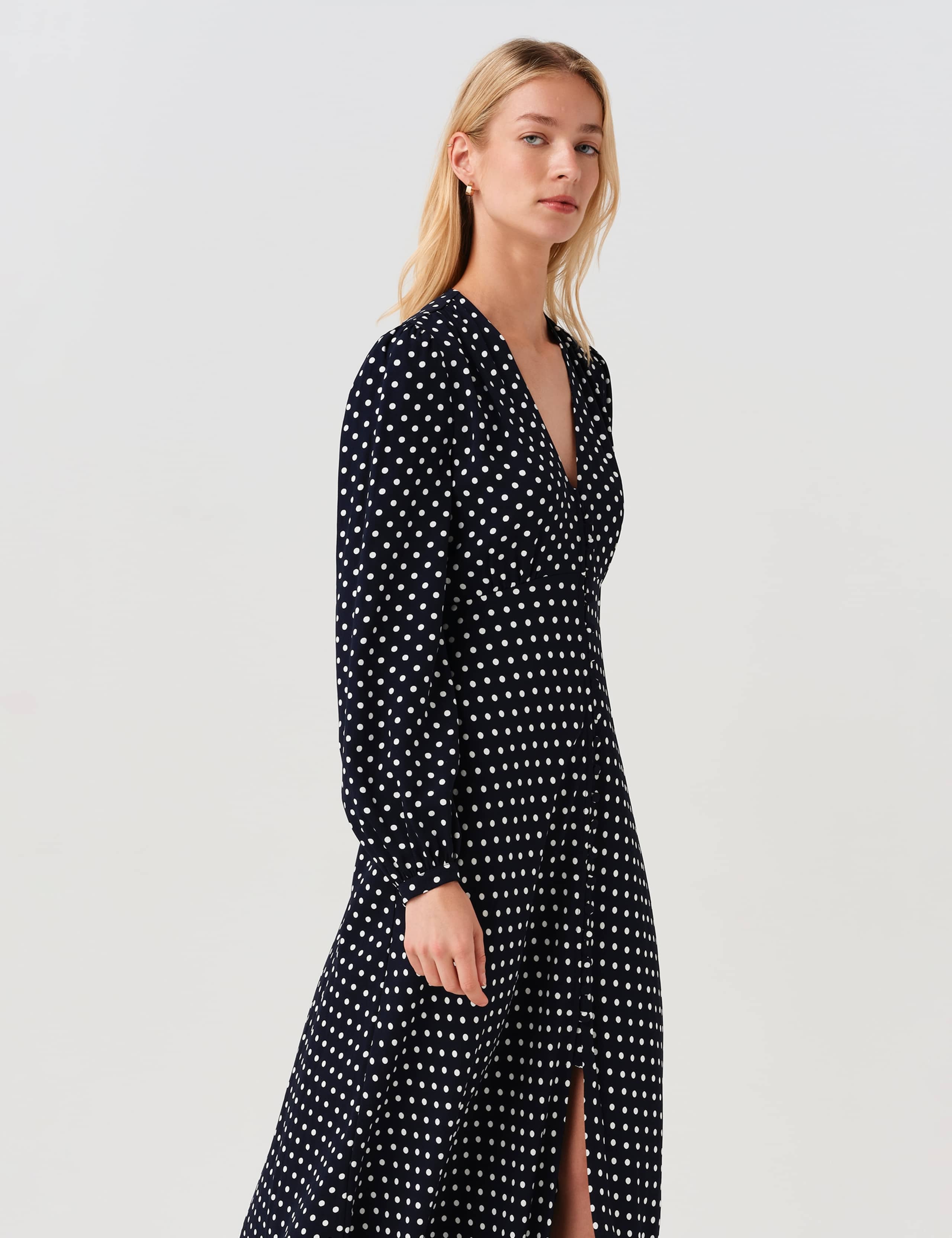 Crepe Polka Dot V-Neck Midi Waisted Dress 5 of 11