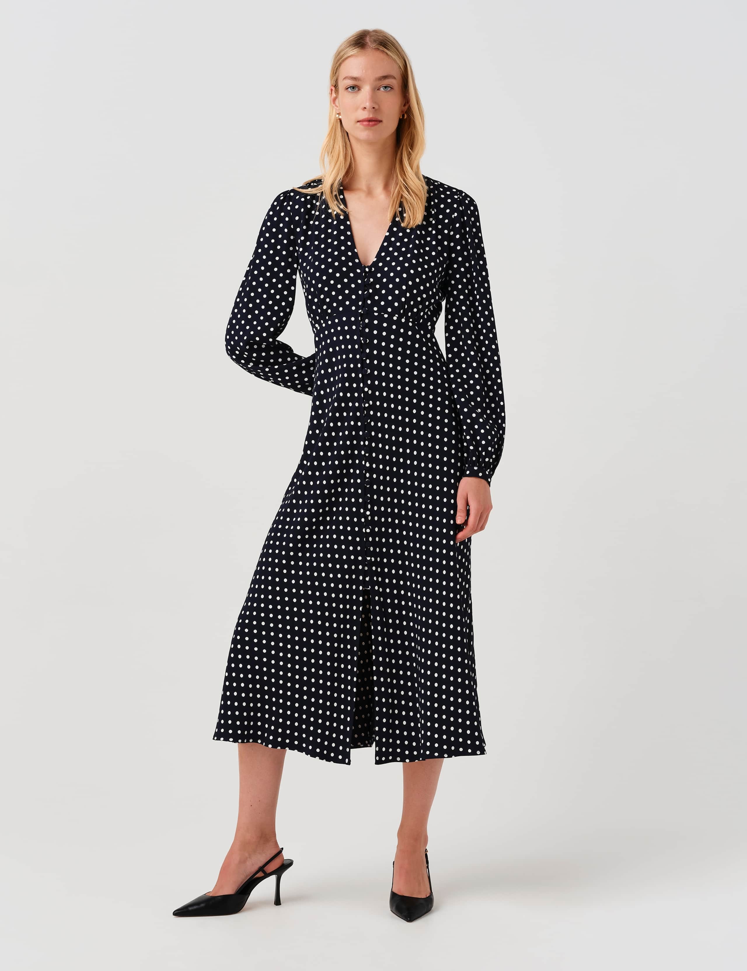 Crepe Polka Dot V-Neck Midi Waisted Dress 6 of 11